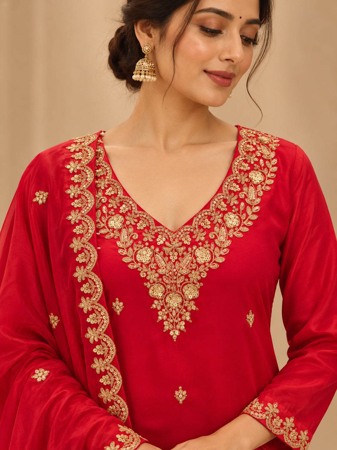 Floral Embroidered Straight Polki Silk Kurta & Trousers Sets