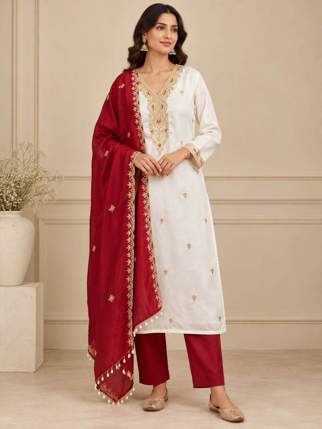 Floral Embroidered Straight Pure Silk Kurta & Trousers Sets