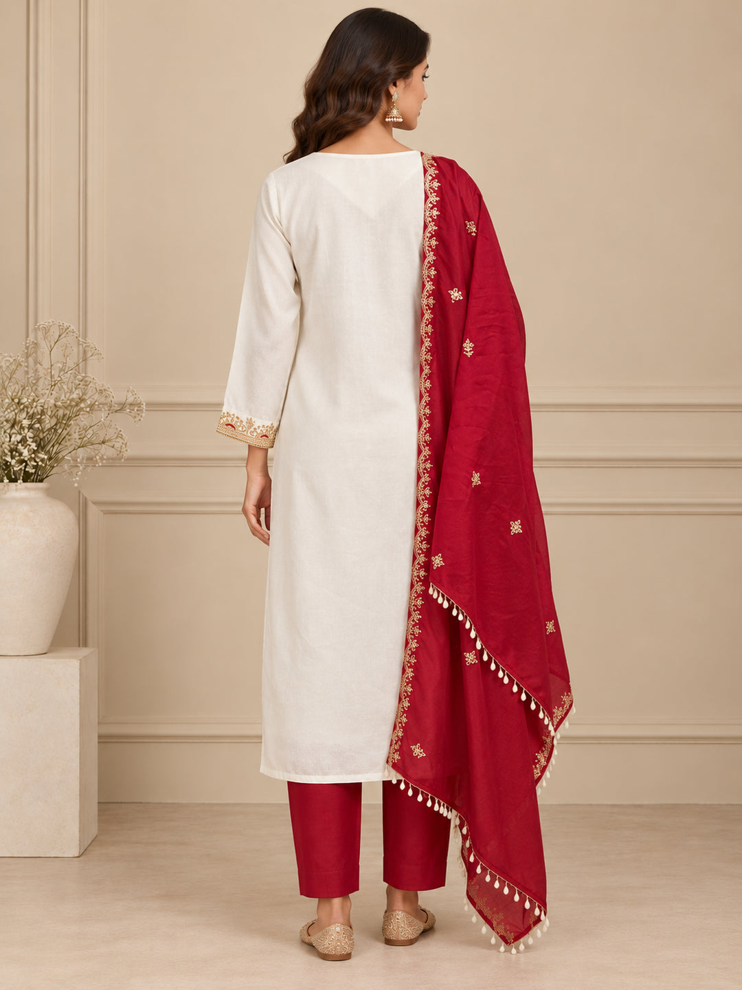 Floral Embroidered Straight Pure Silk Kurta & Trousers Sets