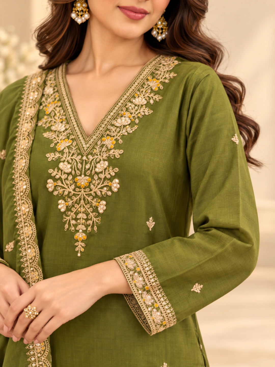 Floral Embroidered Straight Polki Silk Kurta & Trousers Sets
