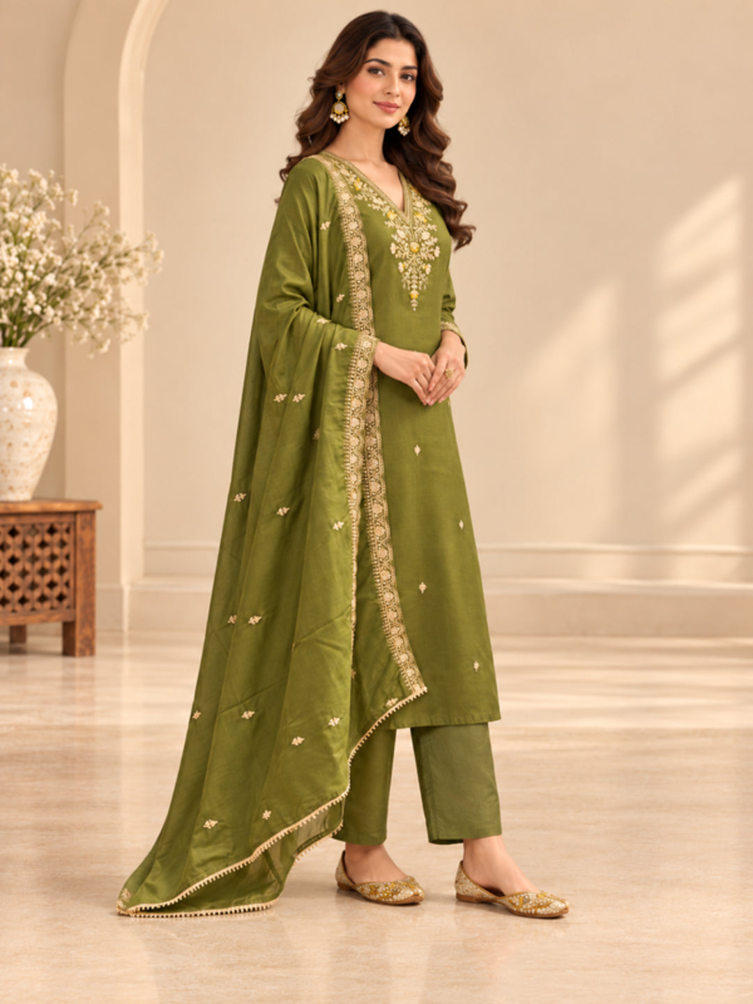 Floral Embroidered Straight Polki Silk Kurta & Trousers Sets