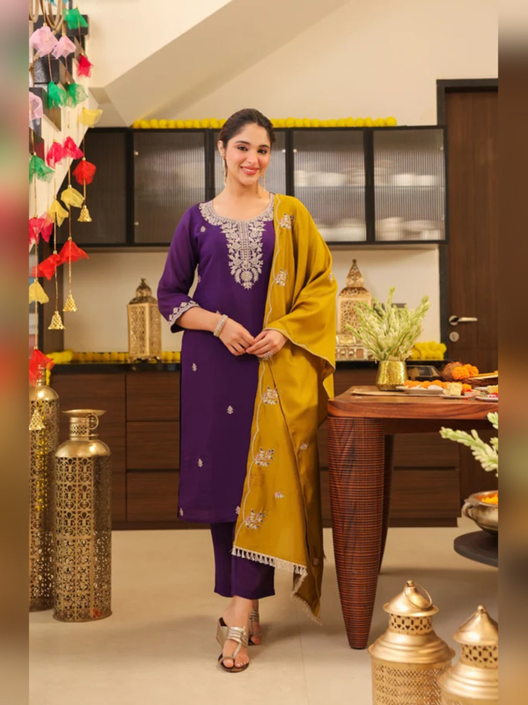 Floral Embroidered Straight Pure Silk Kurta & Trousers Sets