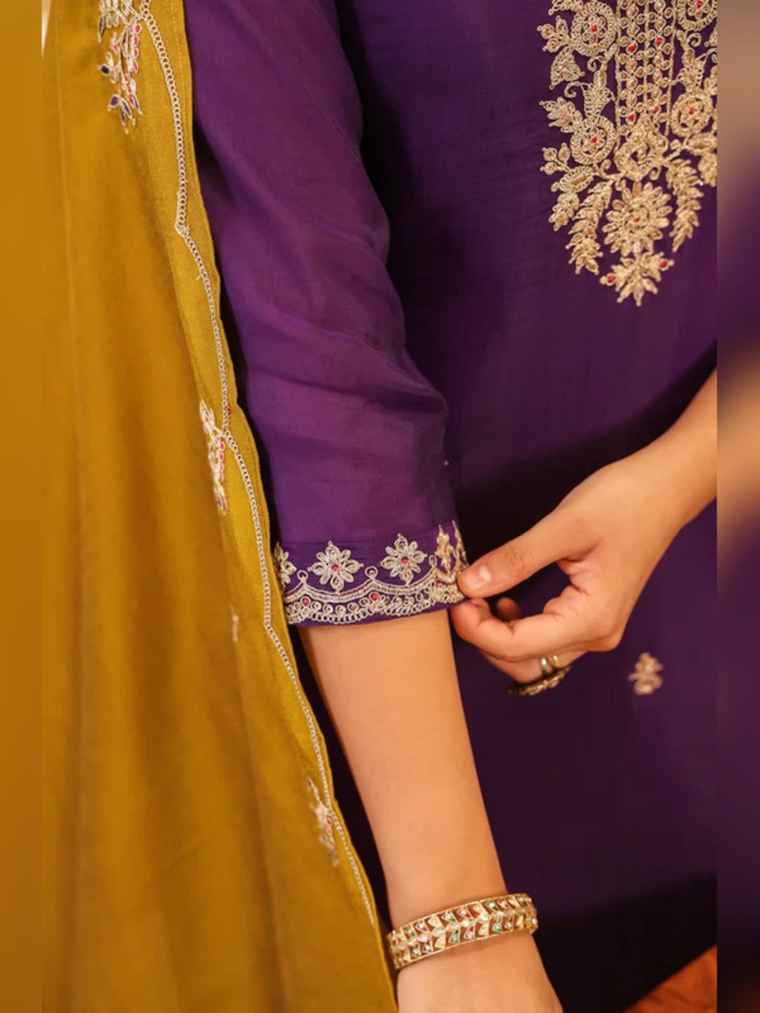 Floral Embroidered Straight Pure Silk Kurta & Trousers Sets