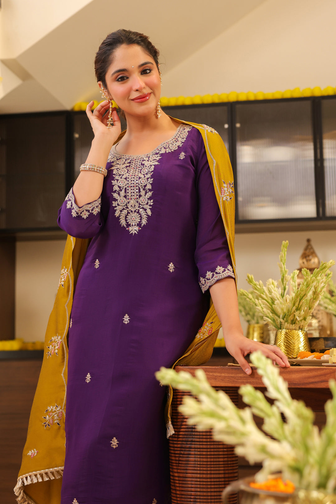 Floral Embroidered Straight Pure Silk Kurta & Trousers Sets