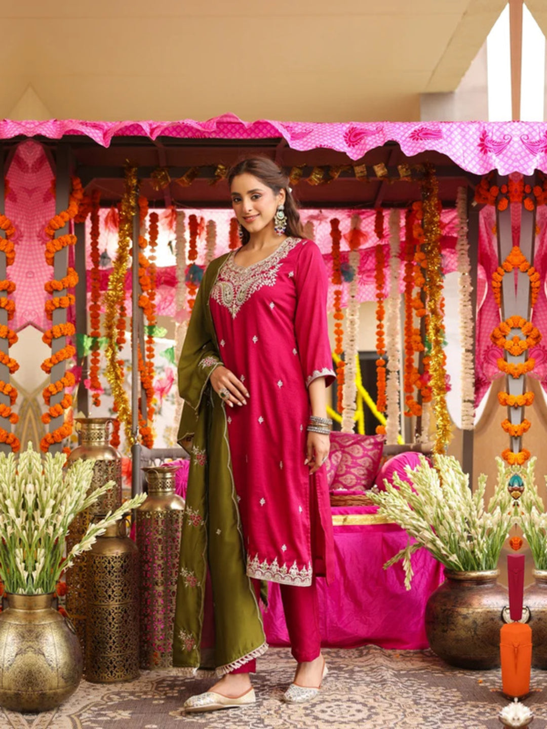 Floral Embroidered Straight Pure Silk Kurta & Trousers Sets
