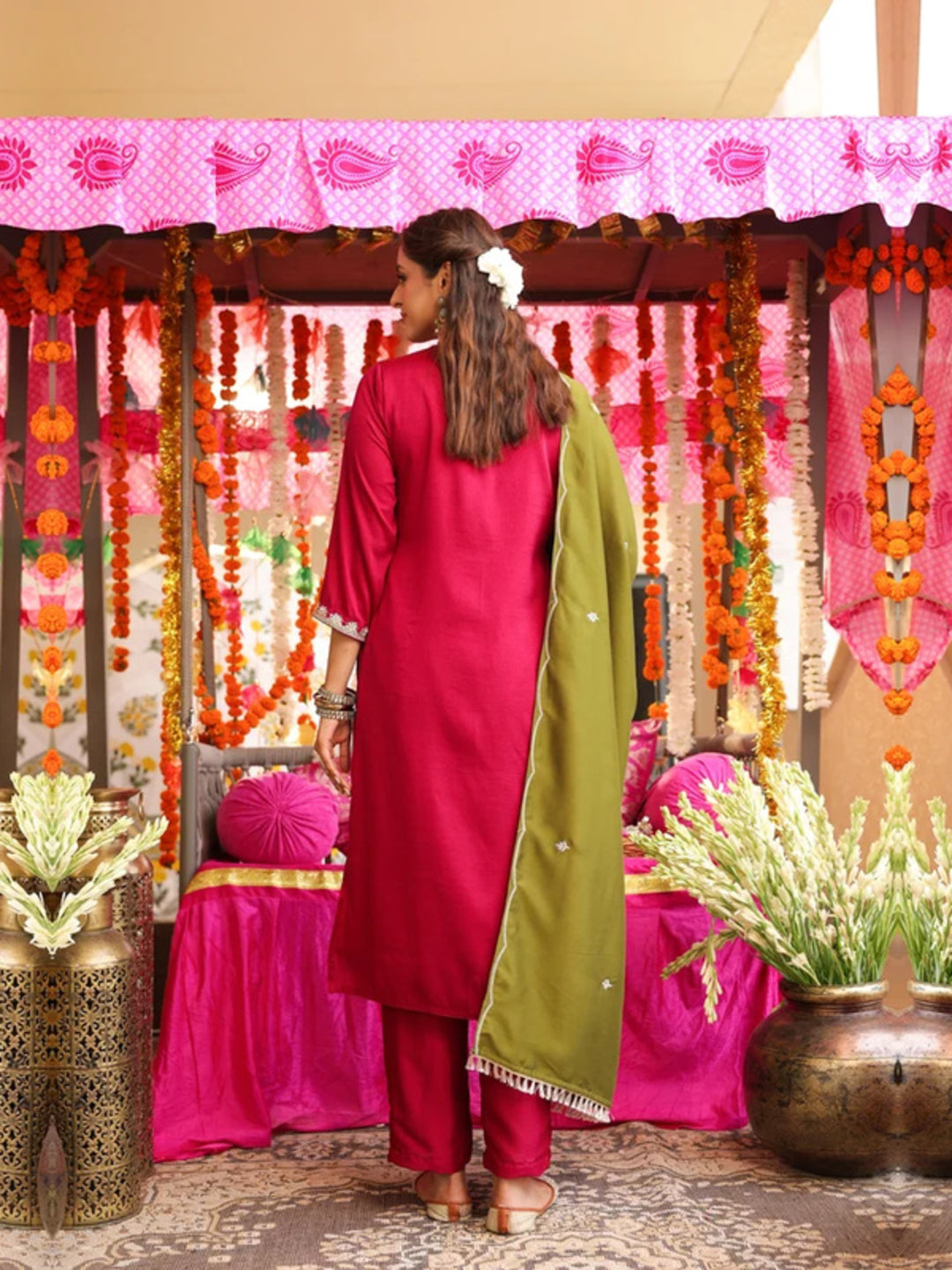 Floral Embroidered Straight Pure Silk Kurta & Trousers Sets