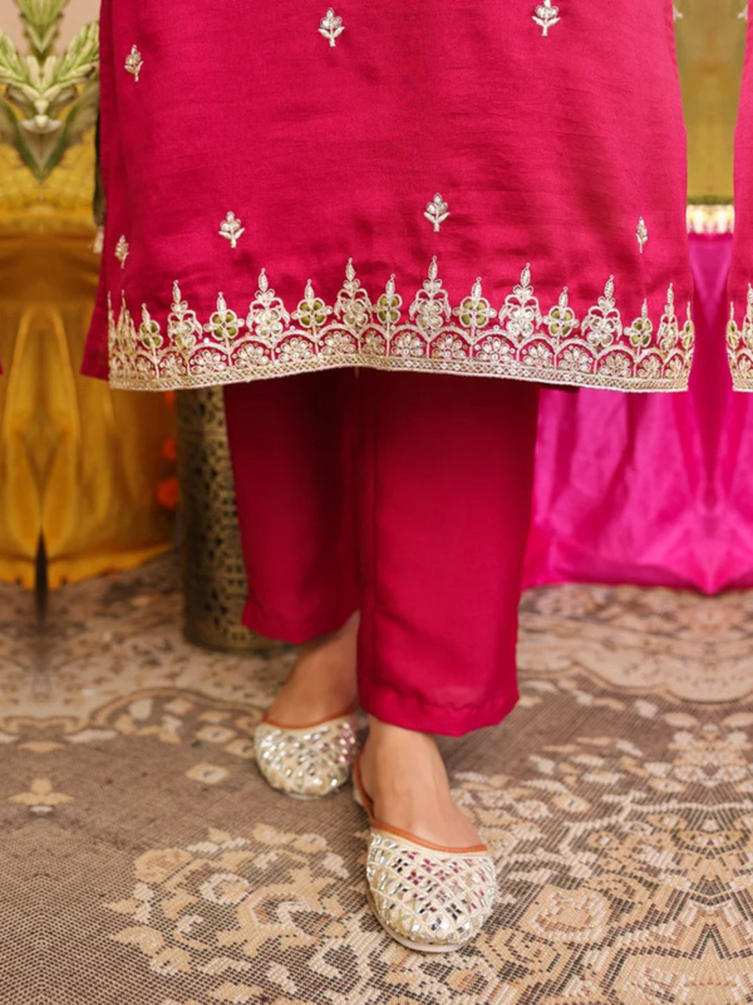 Floral Embroidered Straight Pure Silk Kurta & Trousers Sets
