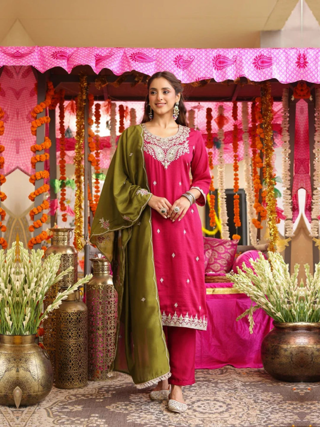 Floral Embroidered Straight Pure Silk Kurta & Trousers Sets