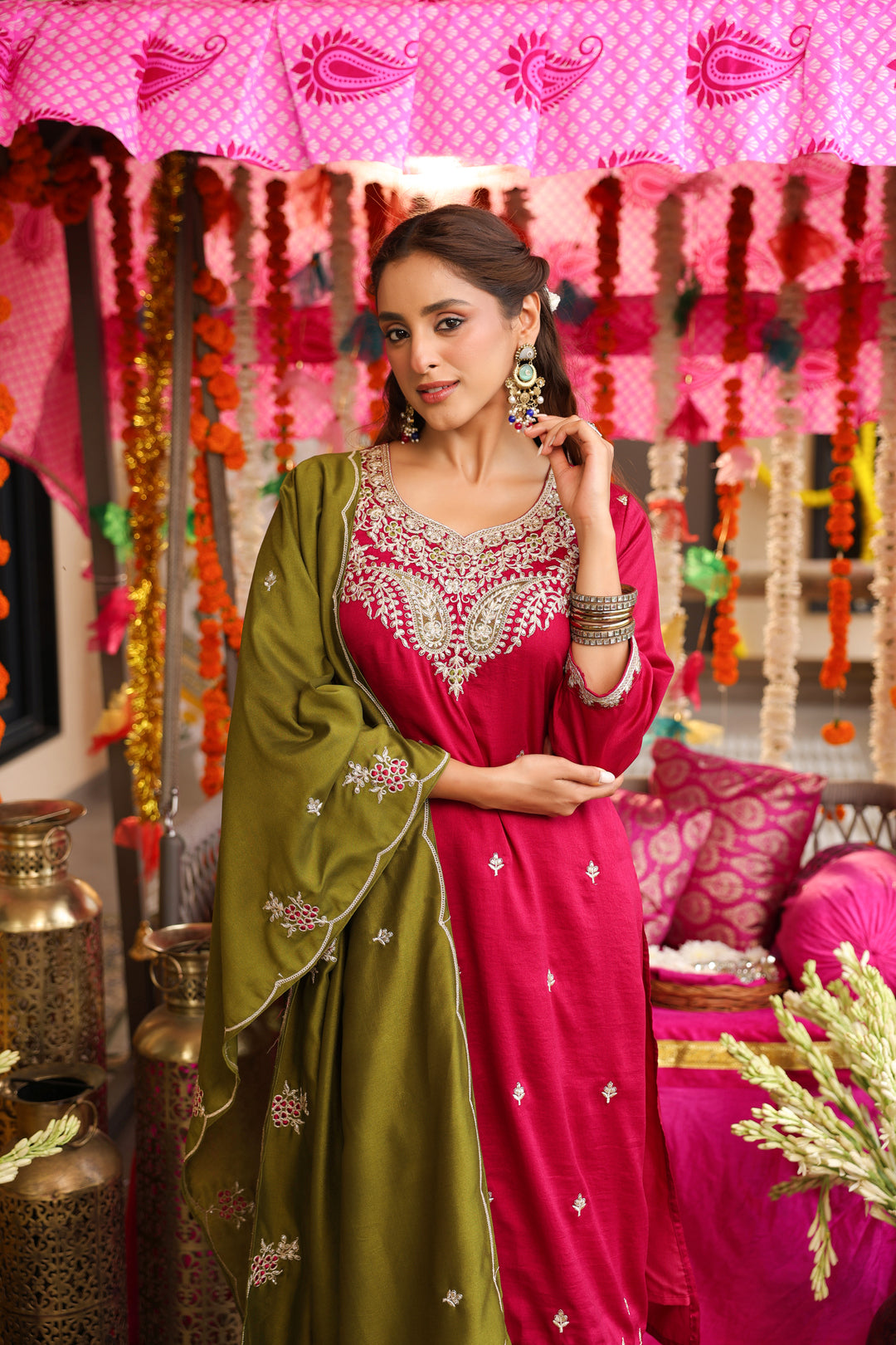 Floral Embroidered Straight Pure Silk Kurta & Trousers Sets