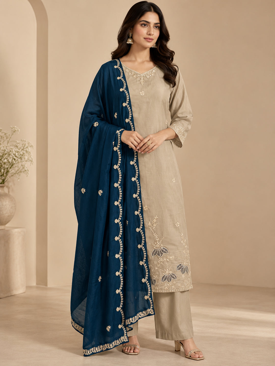 Floral Embroidered Straight Pure Silk Kurta & Trousers Sets