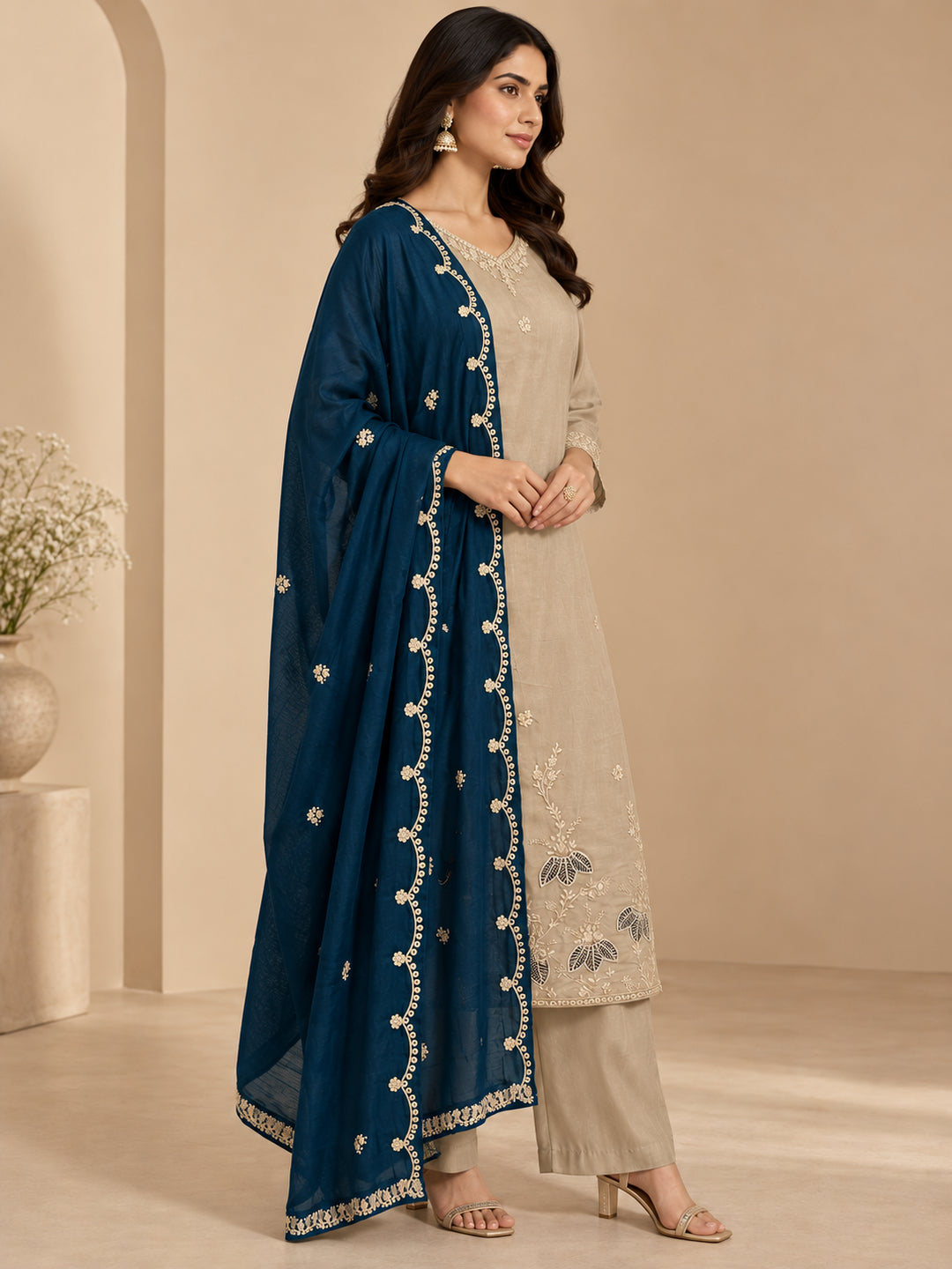 Floral Embroidered Straight Pure Silk Kurta & Trousers Sets