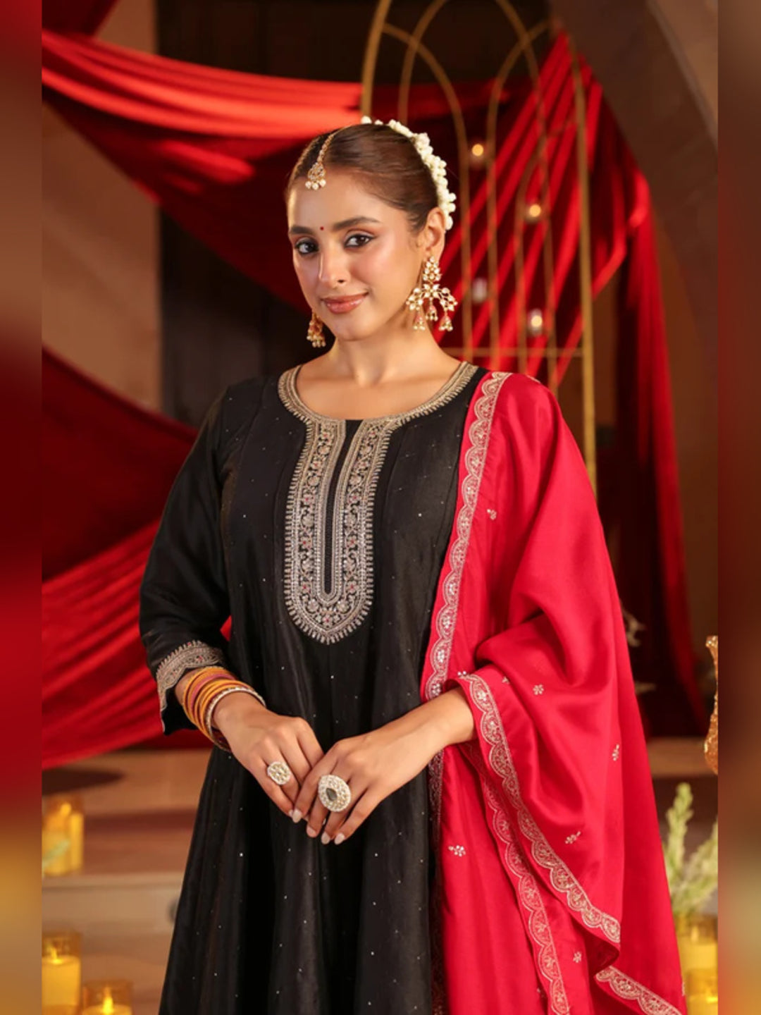 Floral Embroidered A-Line Pure Silk Kurta & Trousers Sets
