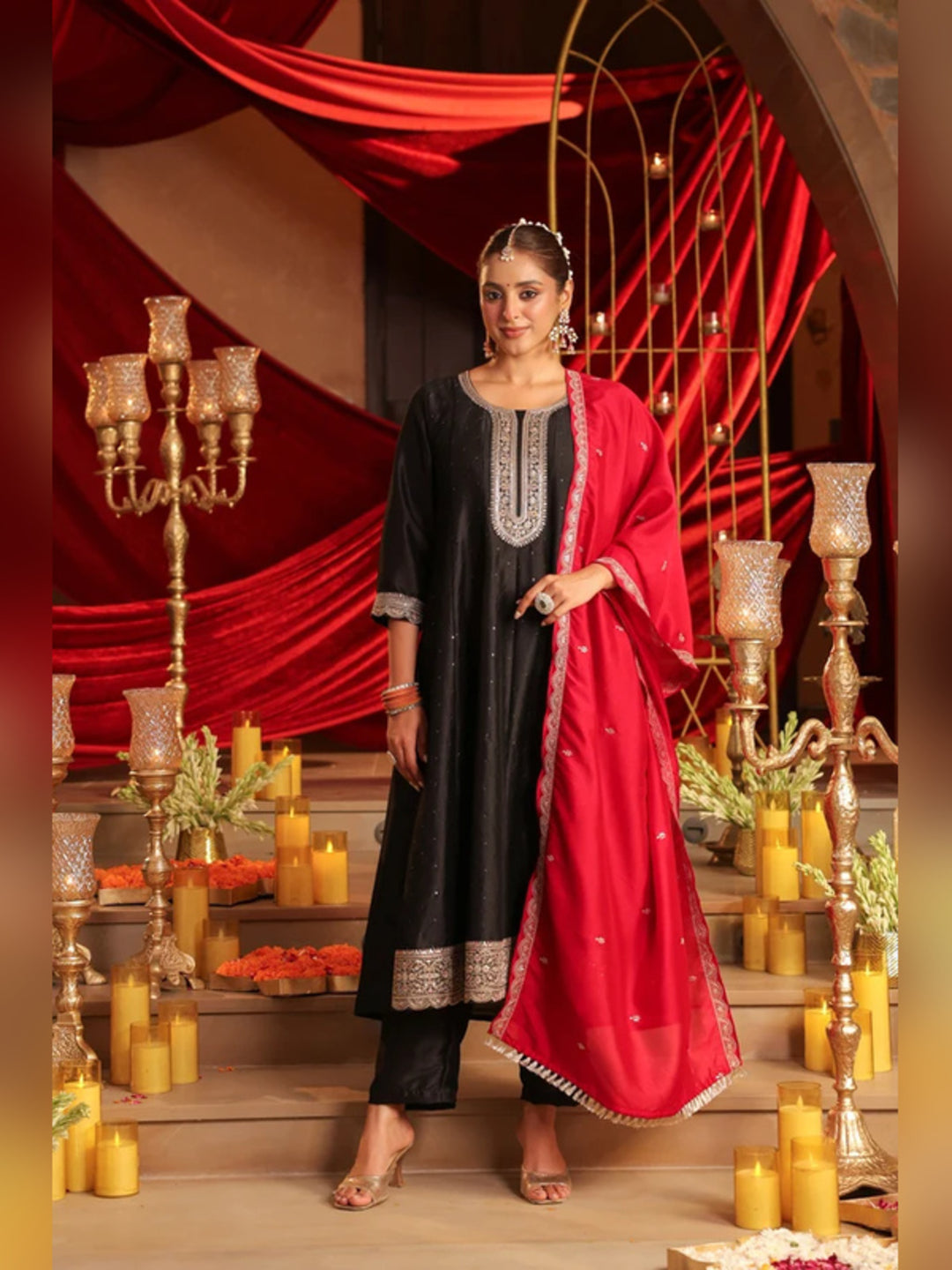 Floral Embroidered A-Line Pure Silk Kurta & Trousers Sets