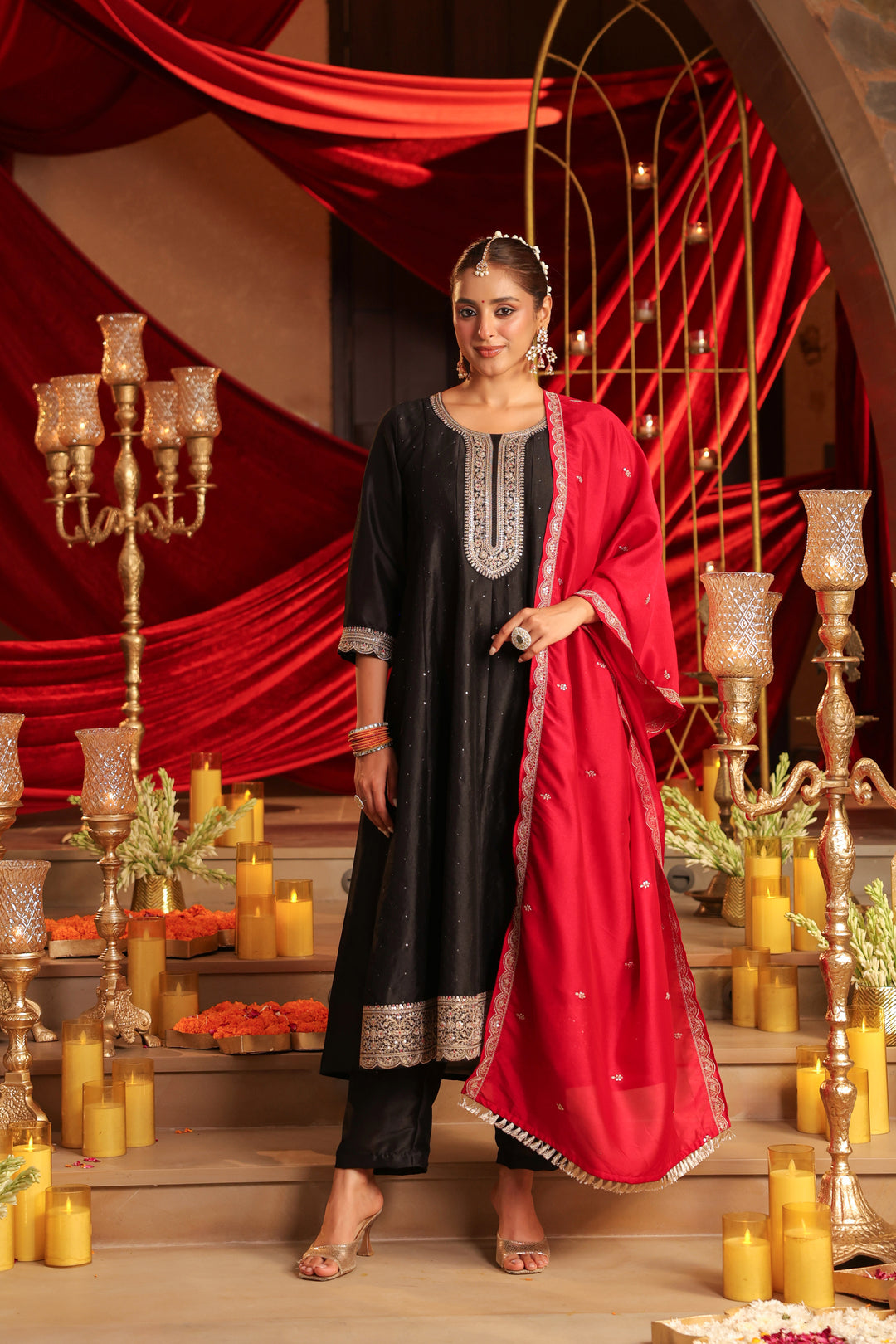 Floral Embroidered A-Line Pure Silk Kurta & Trousers Sets