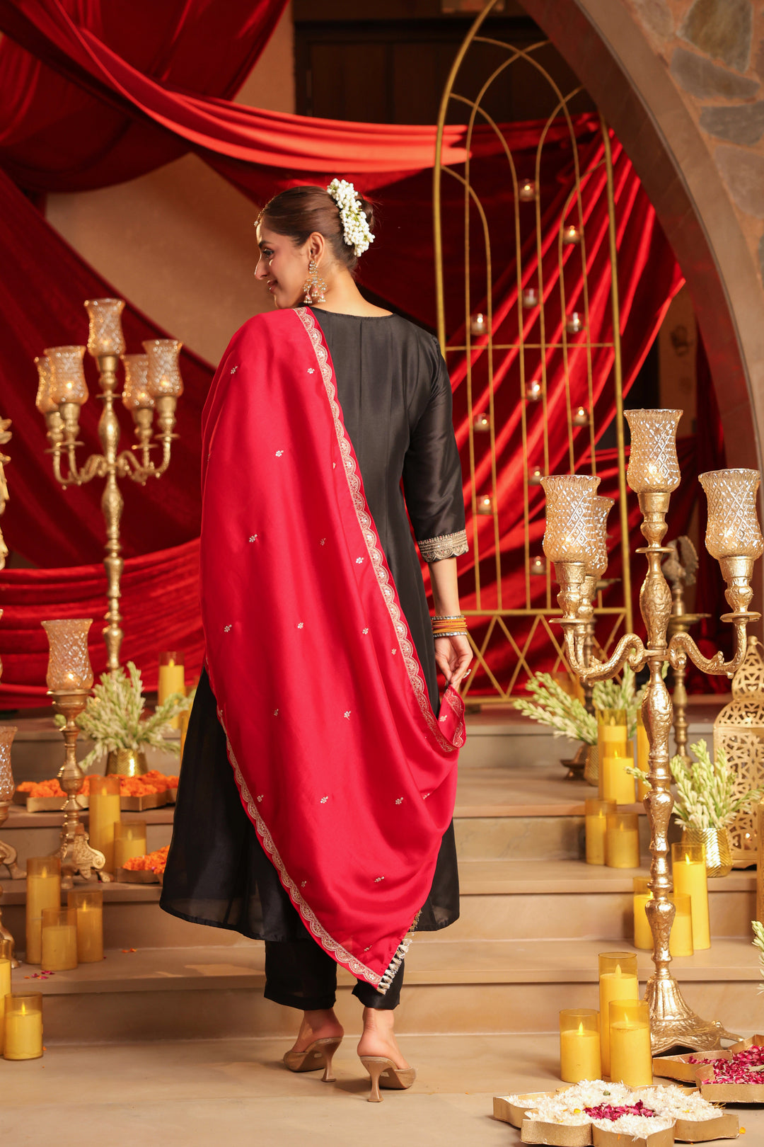 Floral Embroidered A-Line Pure Silk Kurta & Trousers Sets