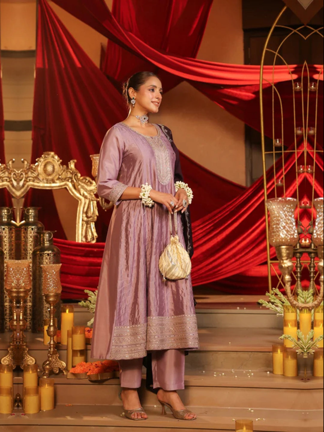 Floral Embroidered A-Line Pure Silk Kurta & Trousers Sets