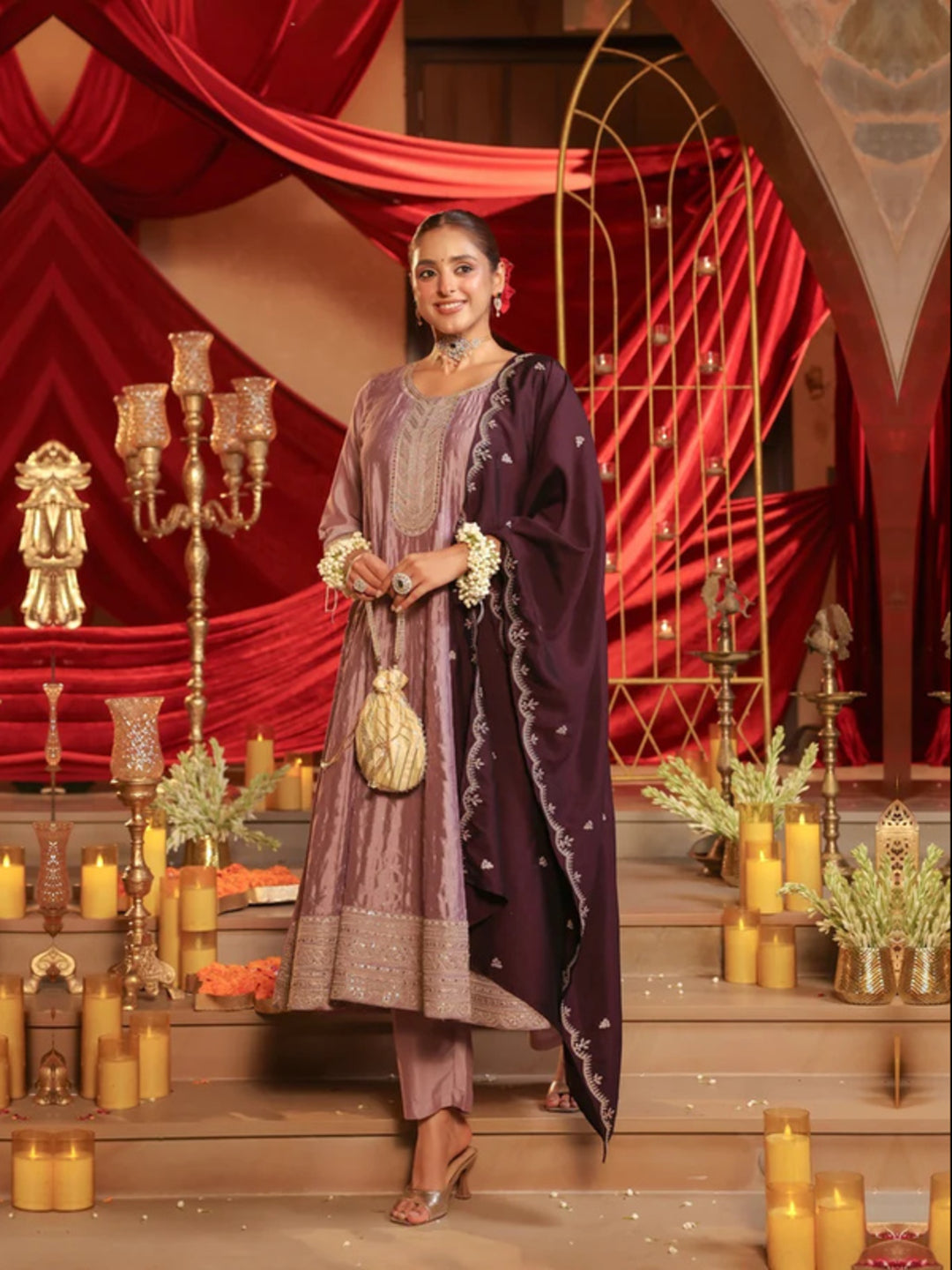 Floral Embroidered A-Line Pure Silk Kurta & Trousers Sets