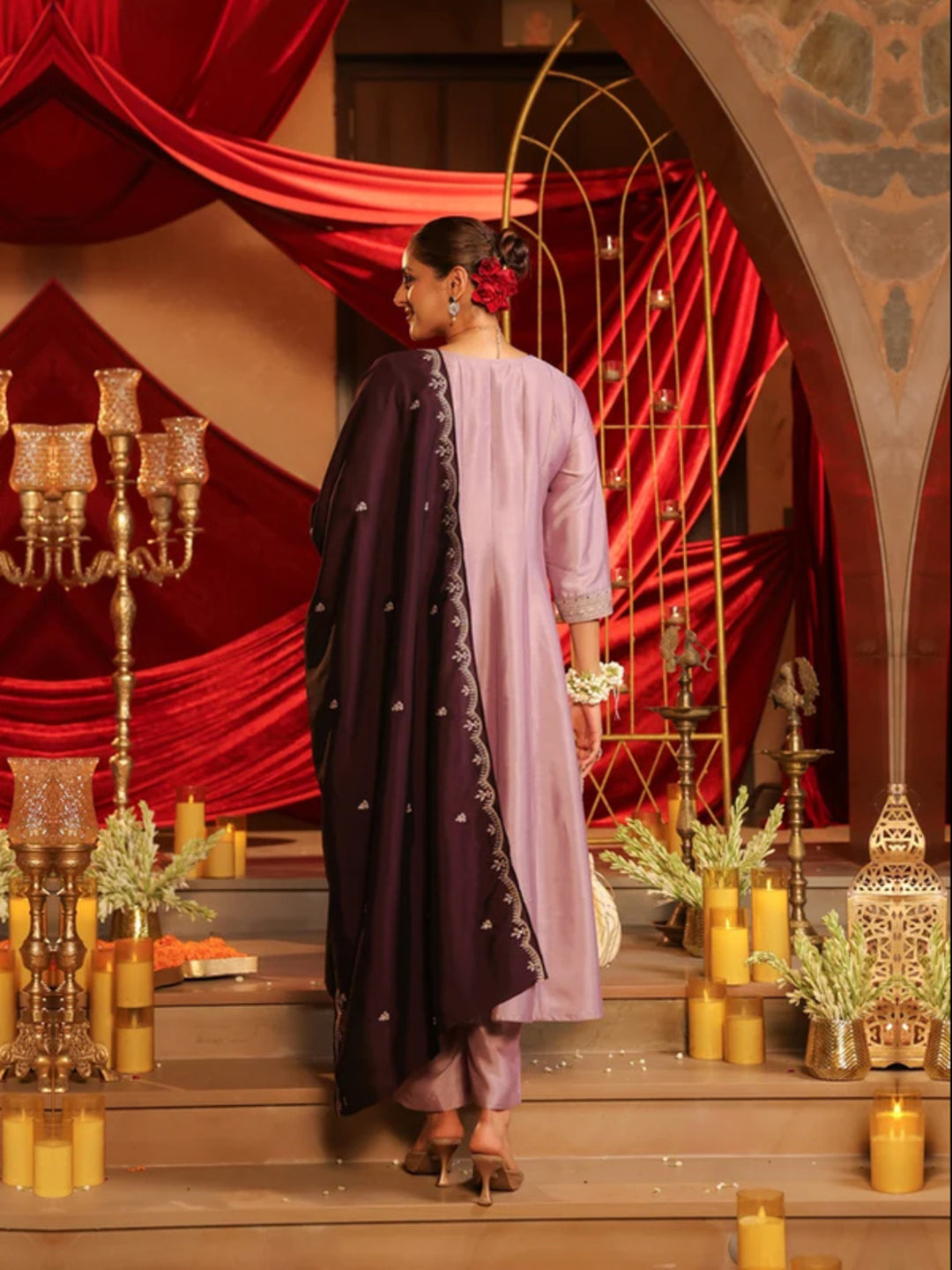 Floral Embroidered A-Line Pure Silk Kurta & Trousers Sets