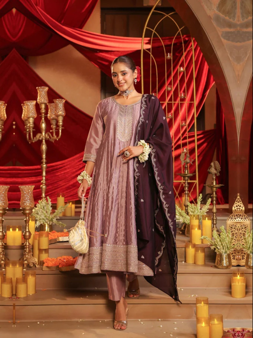 Floral Embroidered A-Line Pure Silk Kurta & Trousers Sets