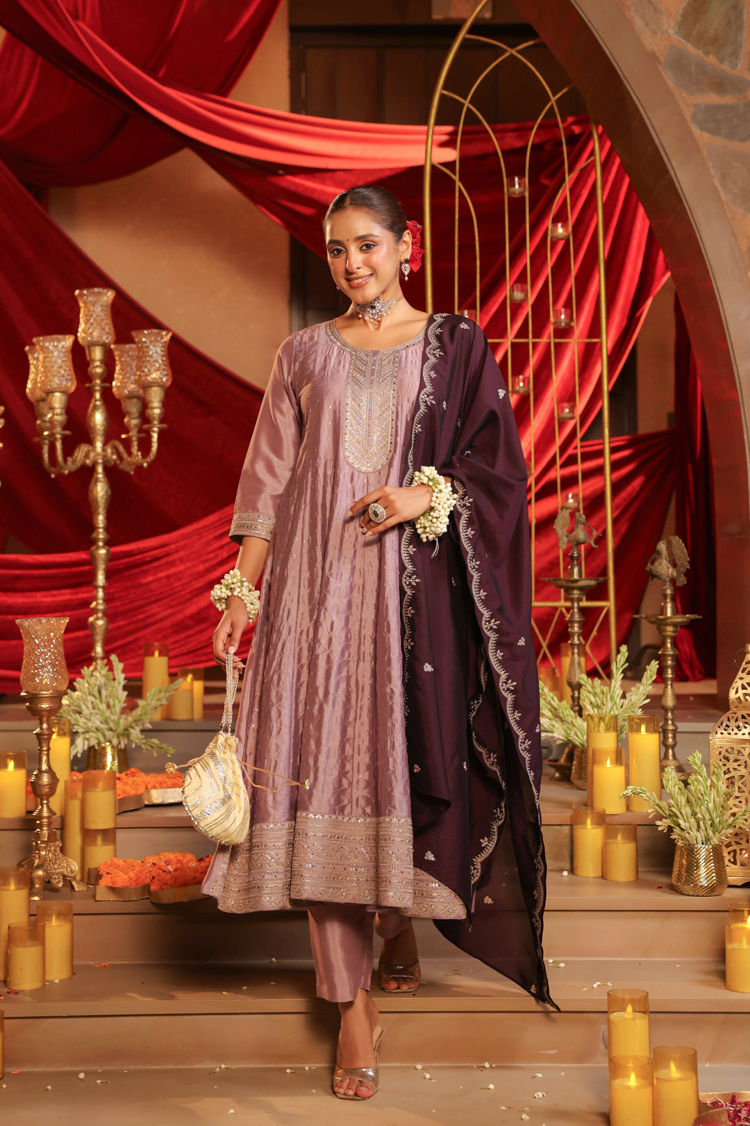 Floral Embroidered A-Line Pure Silk Kurta & Trousers Sets