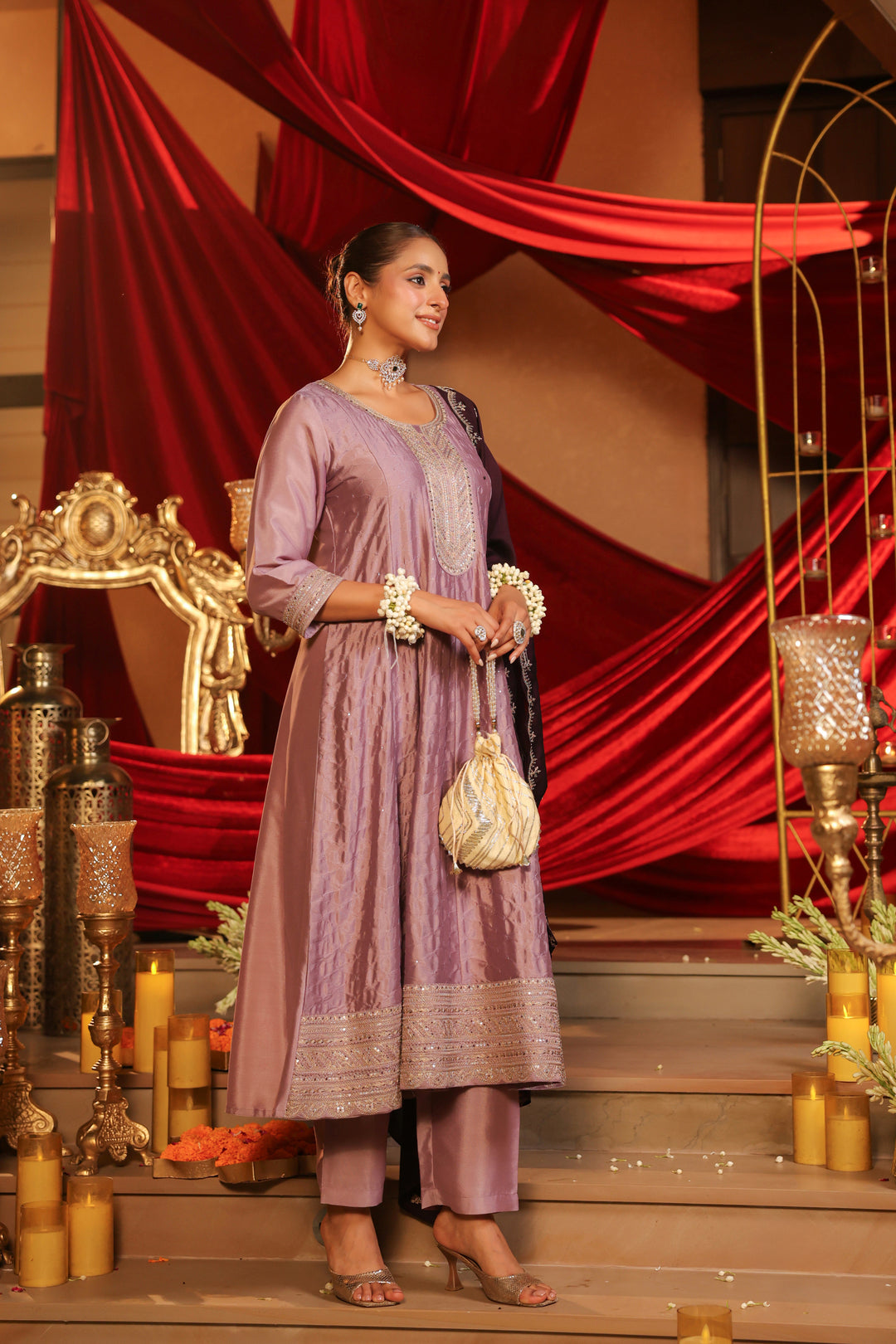Floral Embroidered A-Line Pure Silk Kurta & Trousers Sets