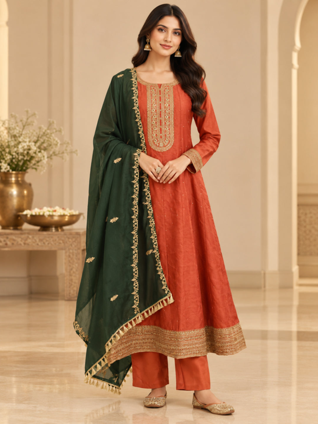 Floral Embroidered Straight Polki Silk Kurta & Trousers Sets