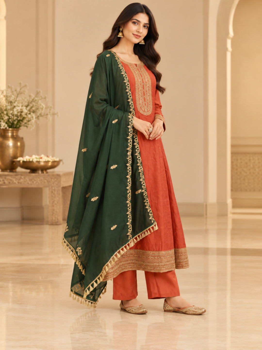 Floral Embroidered Straight Polki Silk Kurta & Trousers Sets