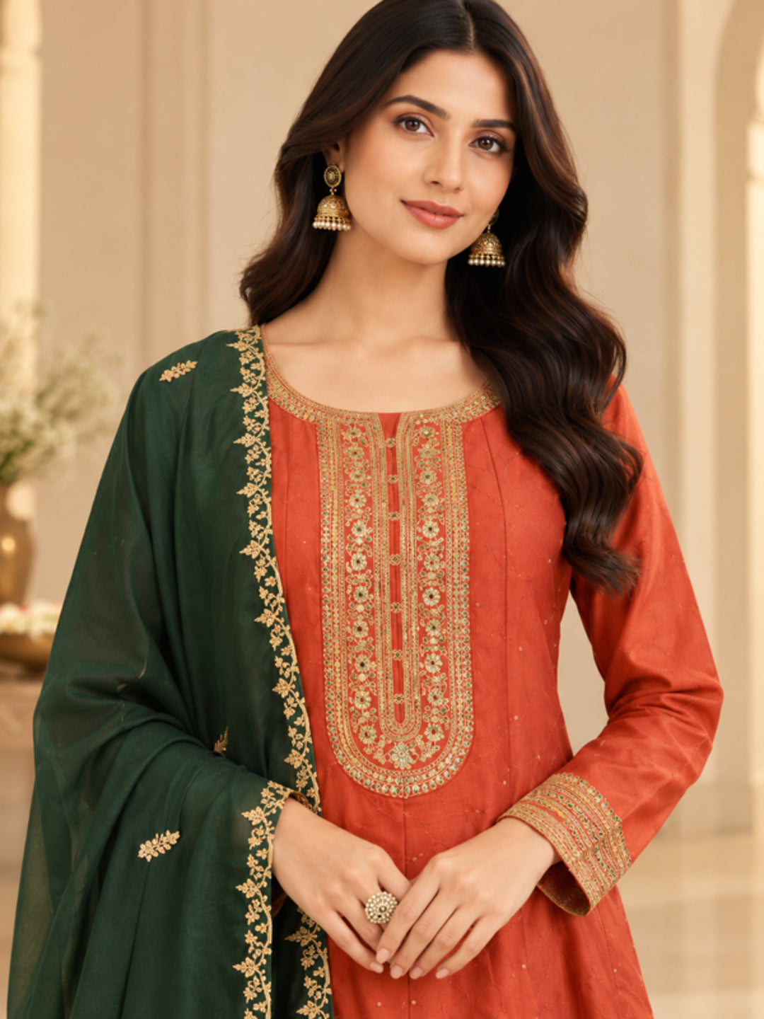 Floral Embroidered Straight Polki Silk Kurta & Trousers Sets