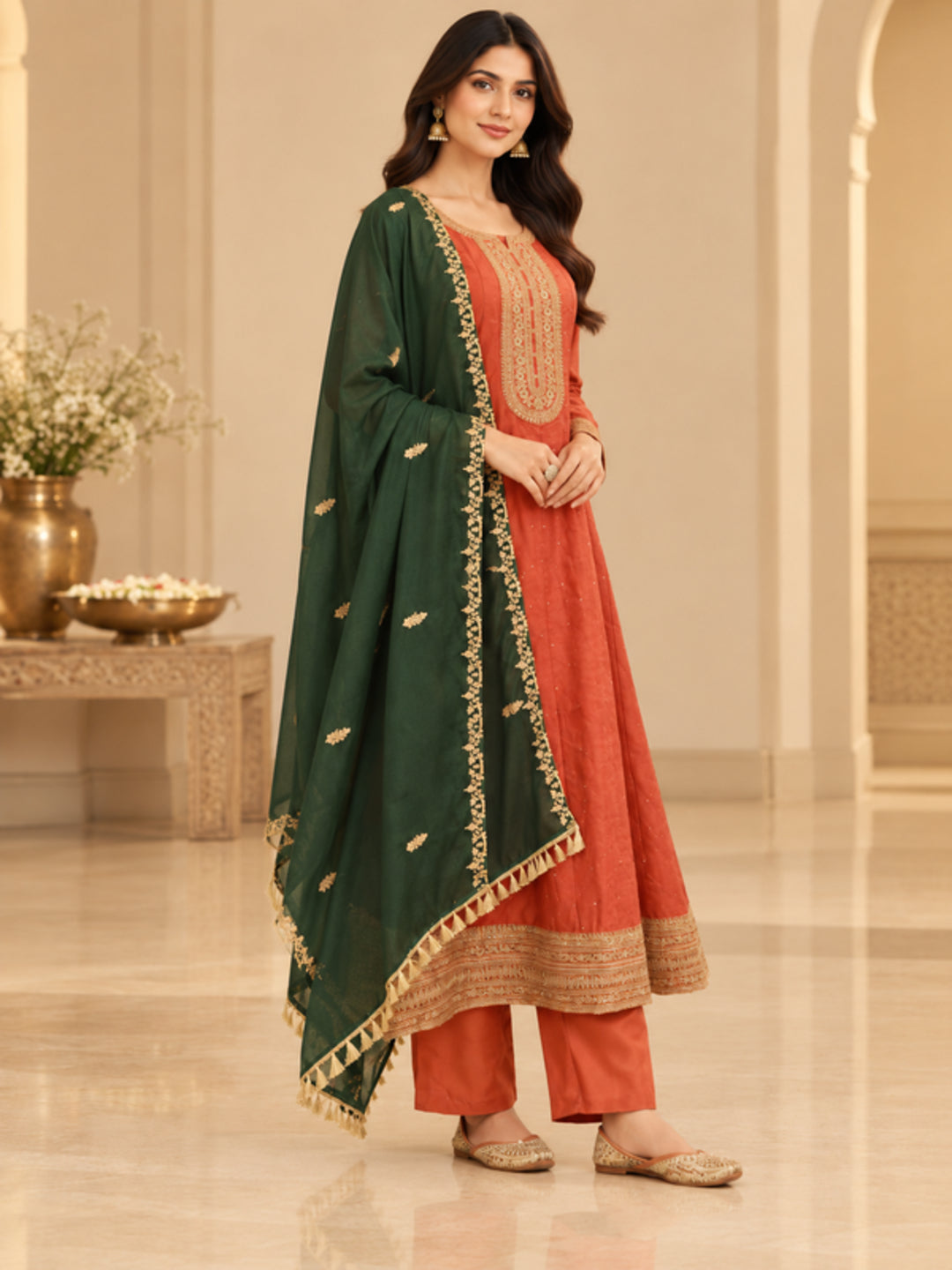 Floral Embroidered Straight Polki Silk Kurta & Trousers Sets