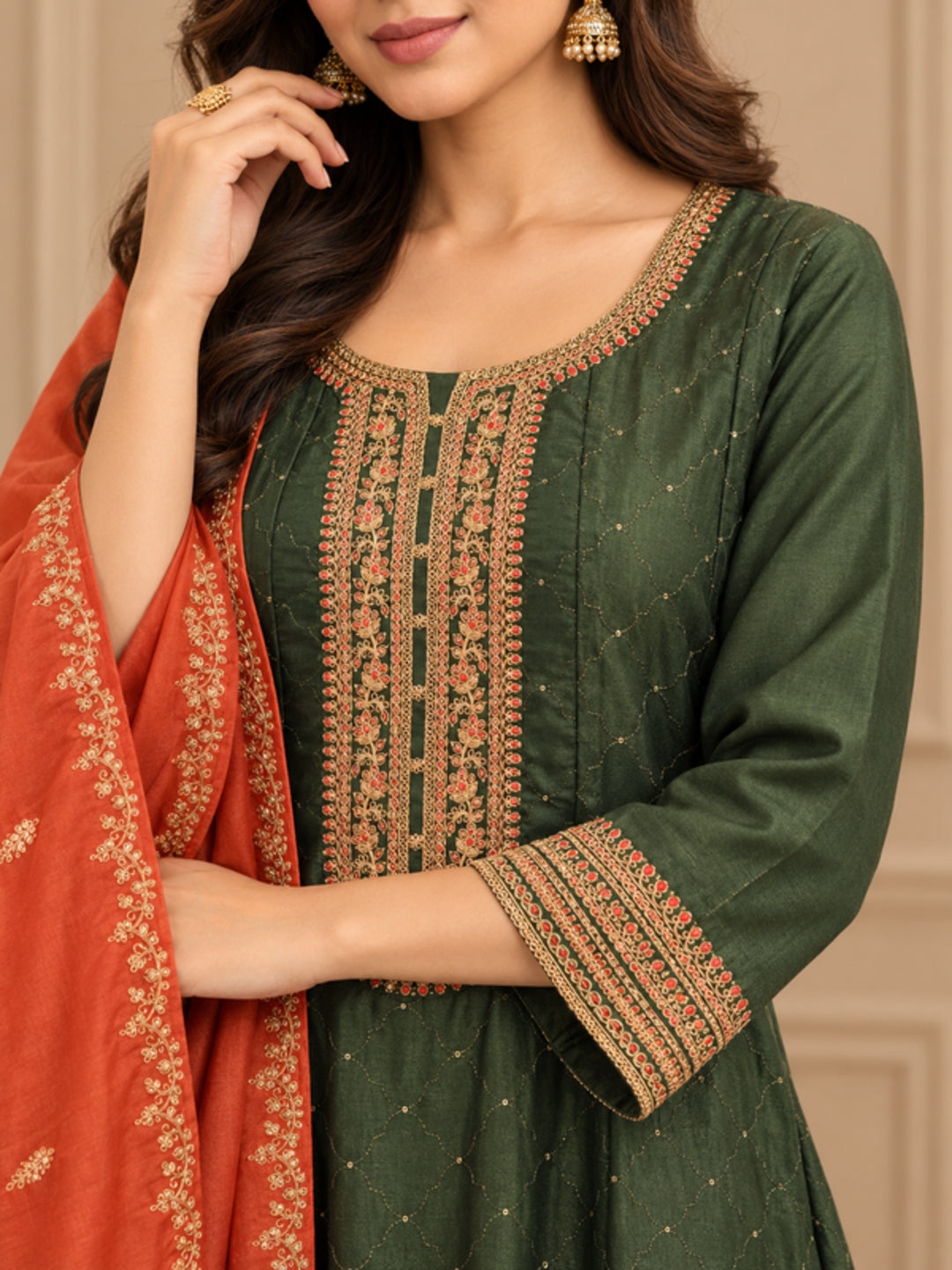 Floral Embroidered Straight Polki Silk Kurta & Trousers Sets