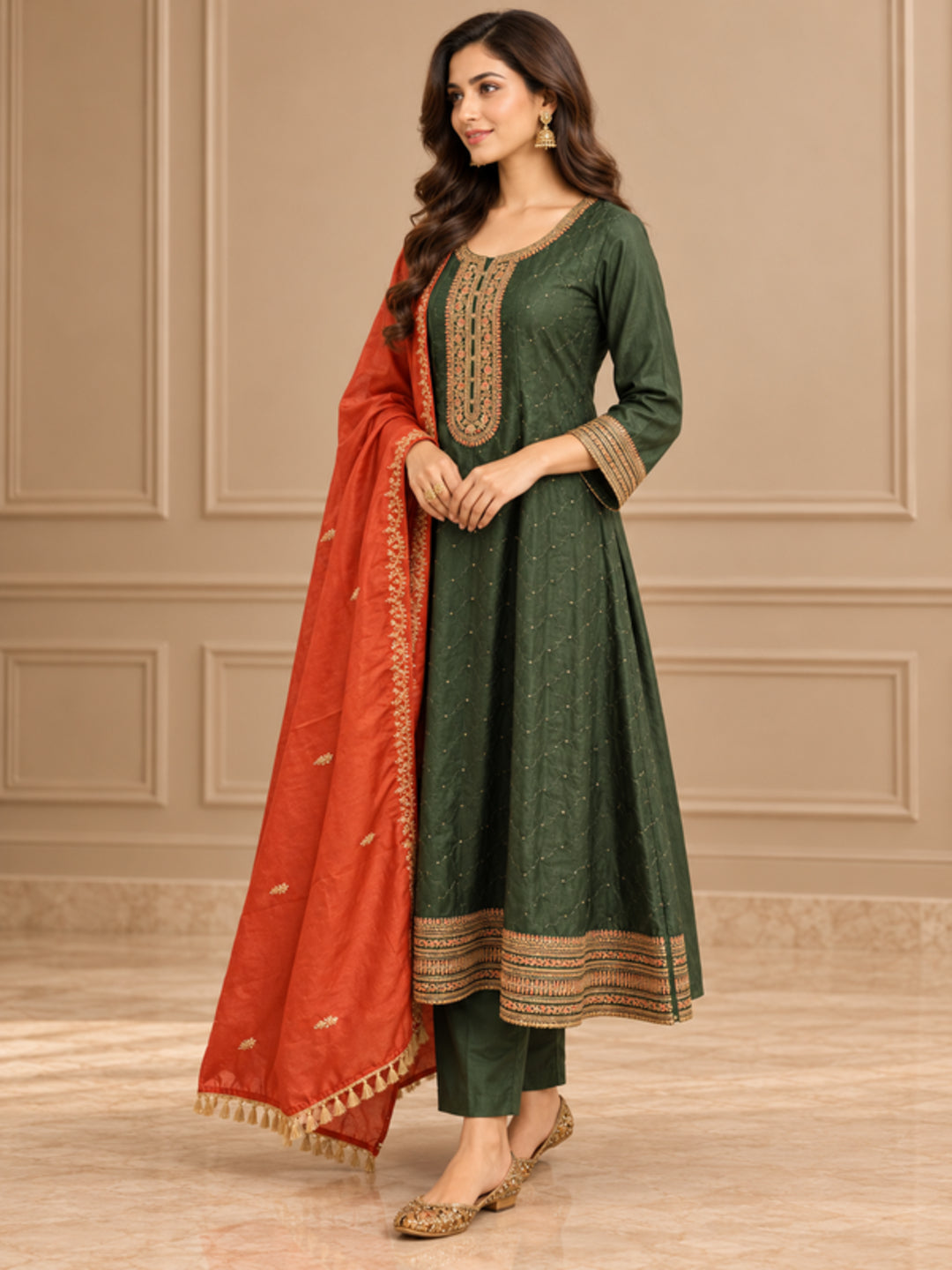 Floral Embroidered Straight Polki Silk Kurta & Trousers Sets