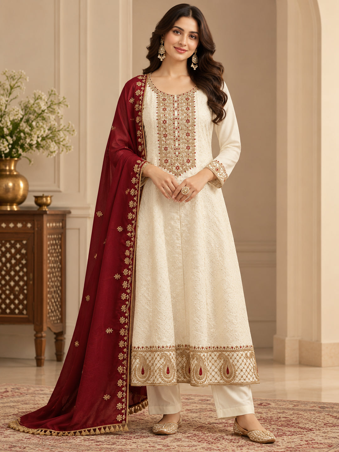 Floral Embroidered A-Line Polki Silk Kurta & Trousers Sets