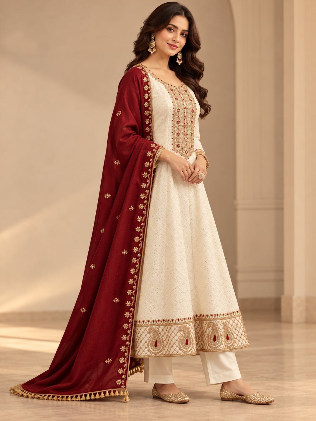 Floral Embroidered A-Line Polki Silk Kurta & Trousers Sets