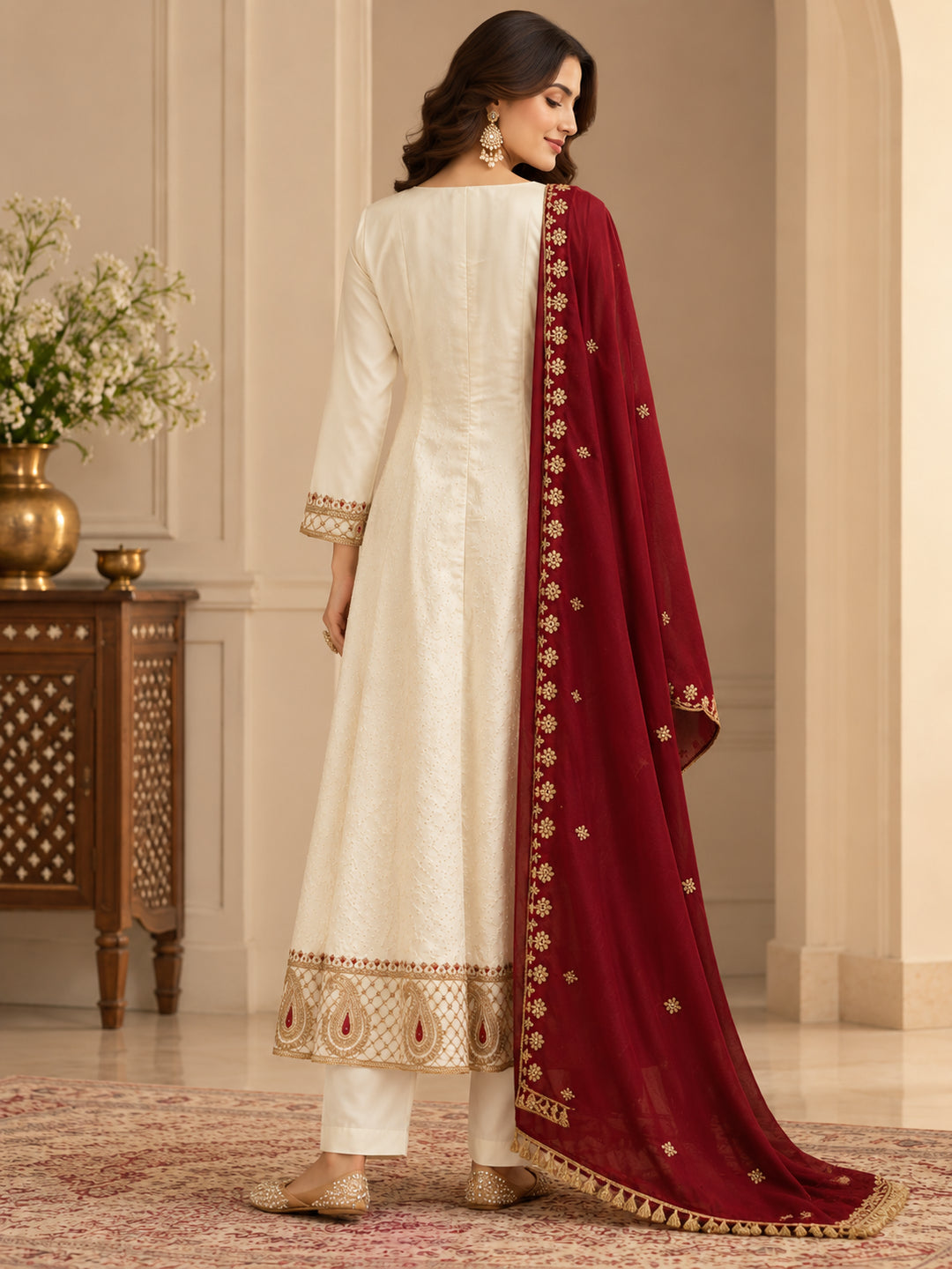 Floral Embroidered A-Line Polki Silk Kurta & Trousers Sets