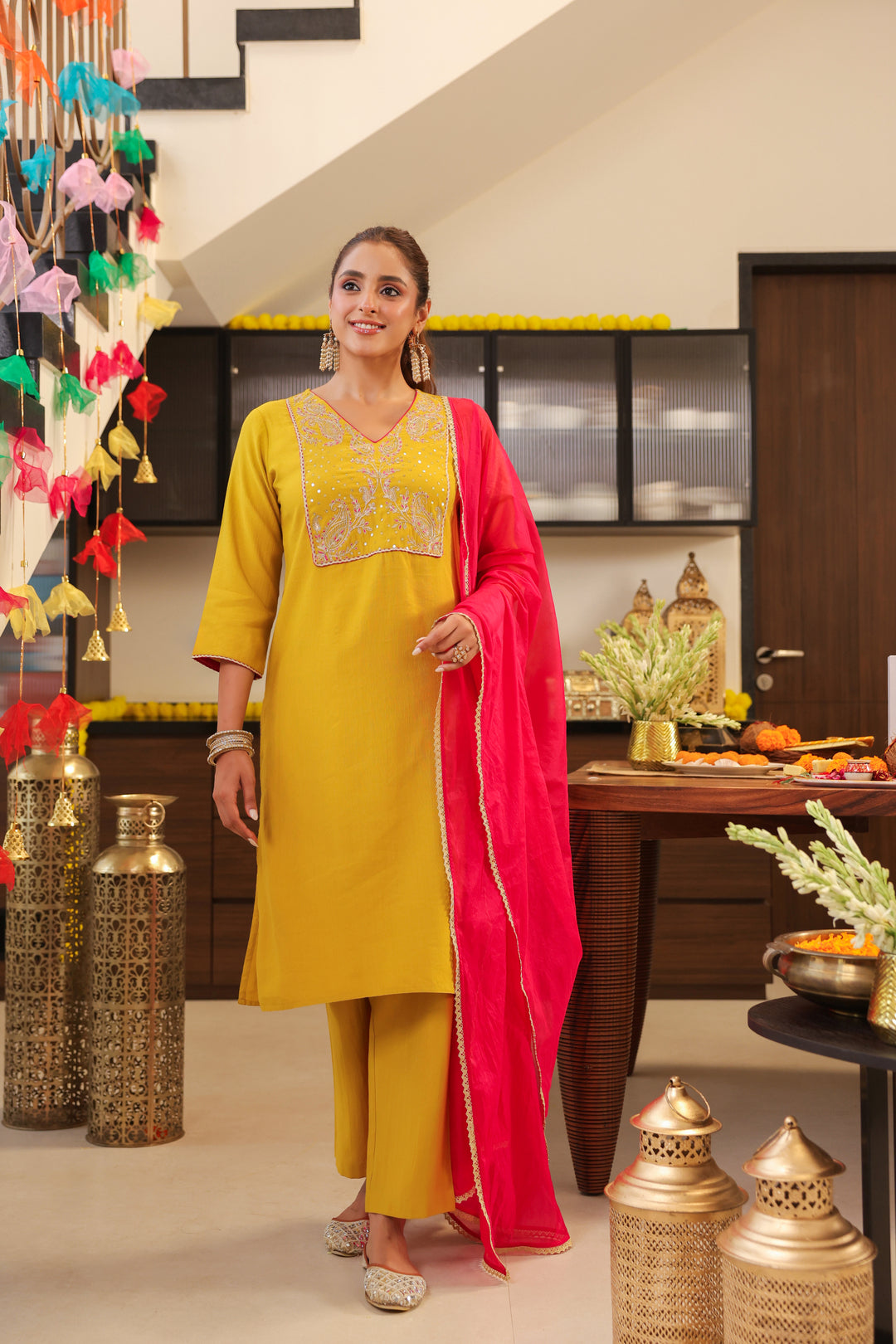 Floral Embroidered Straight Kurta & Trousers Sets