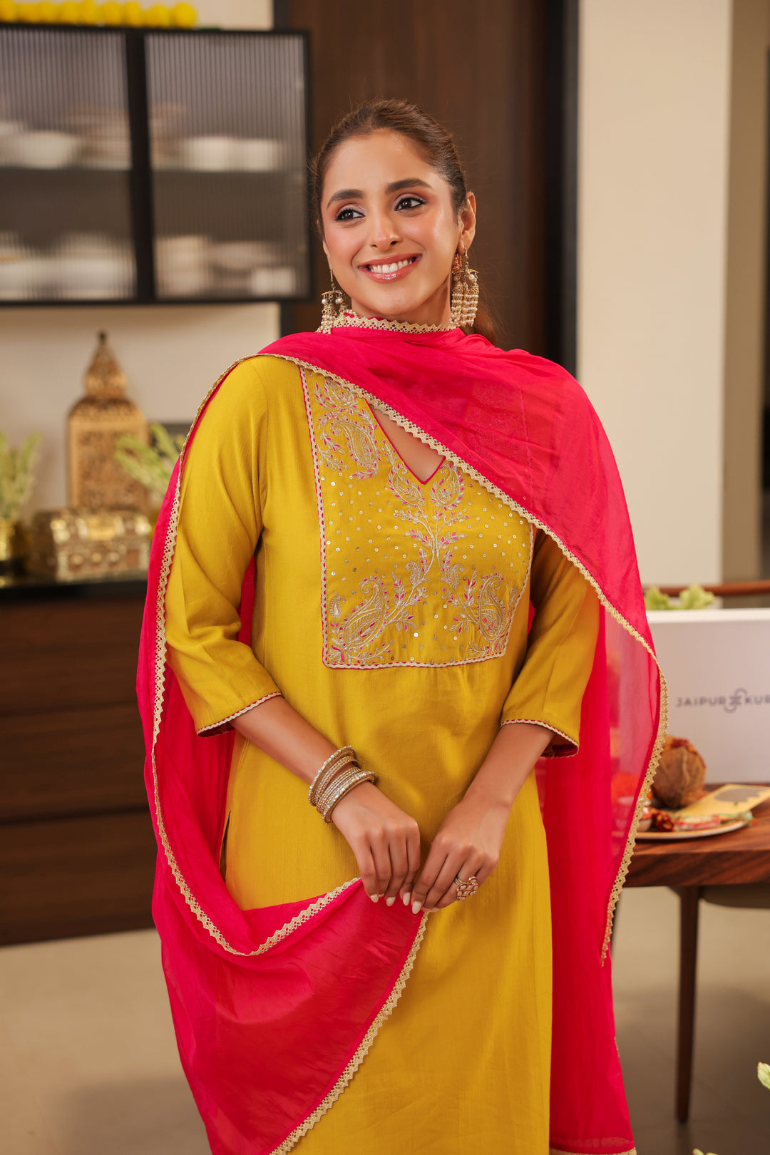 Floral Embroidered Straight Kurta & Trousers Sets