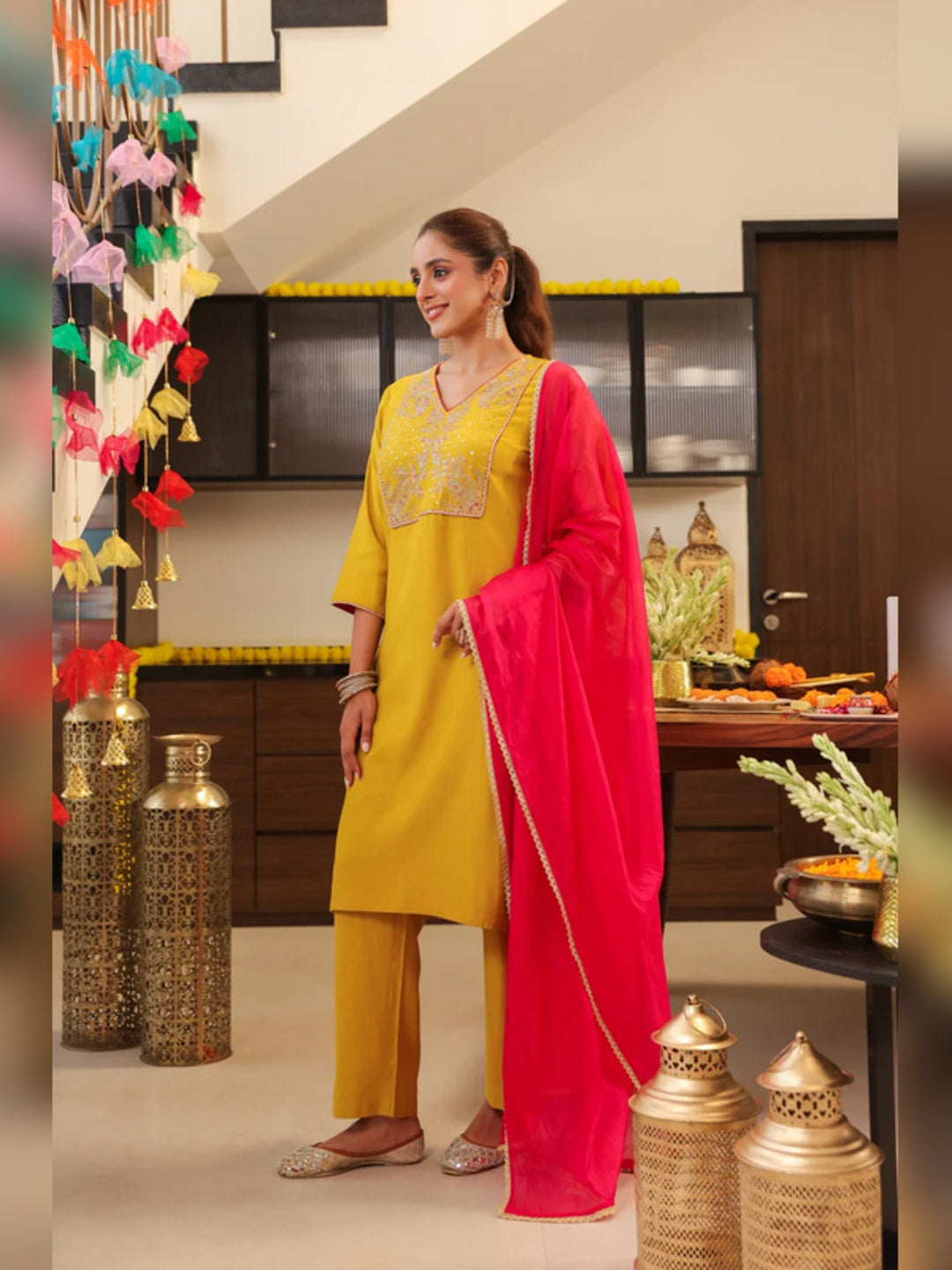 Floral Embroidered Straight Kurta & Trousers Sets