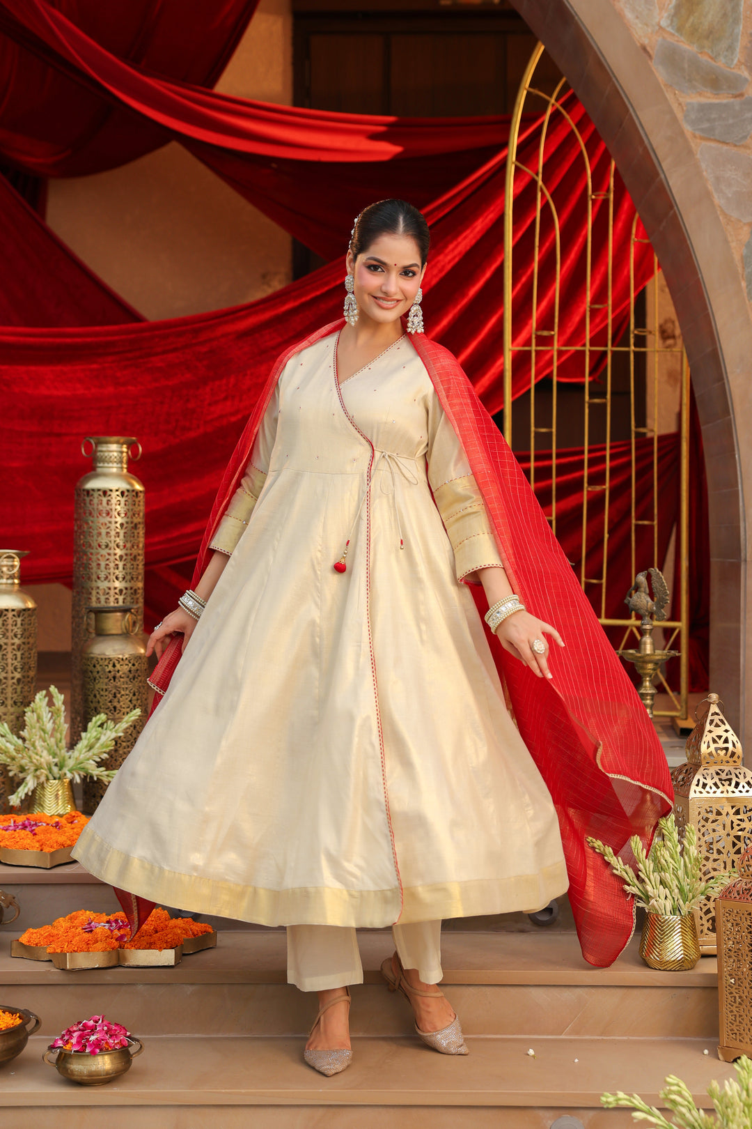 Floral Embroidered Straight Silk Blend Kurta & Trousers Sets
