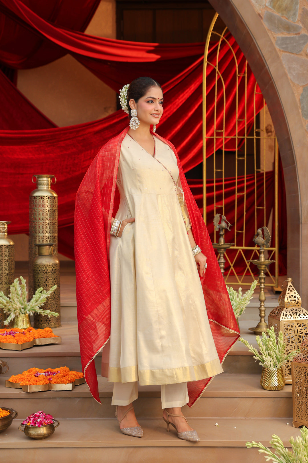 Floral Embroidered Straight Silk Blend Kurta & Trousers Sets