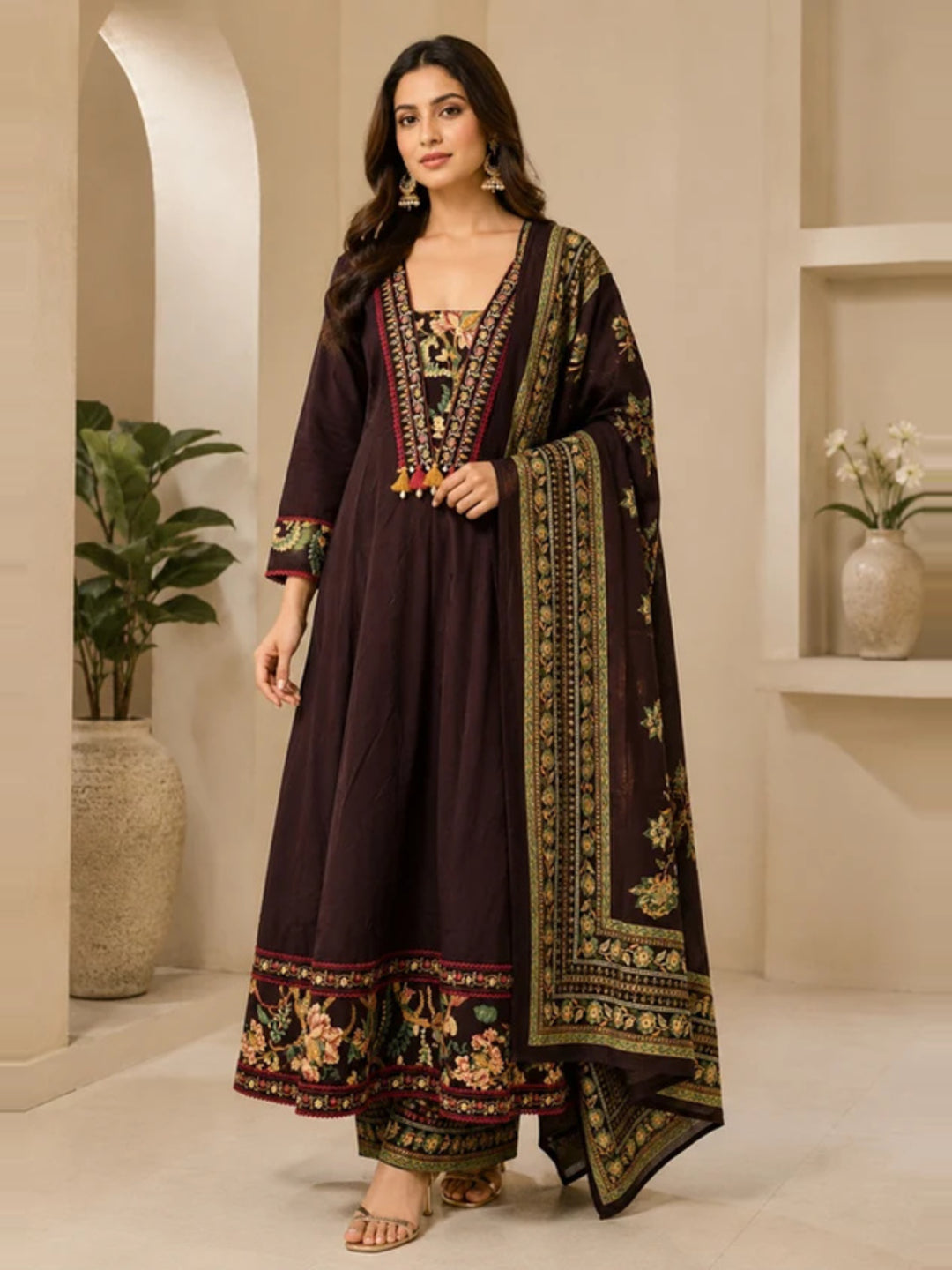 Floral Embroidered A-Line Pure Cotton Kurta & Palazzos Sets
