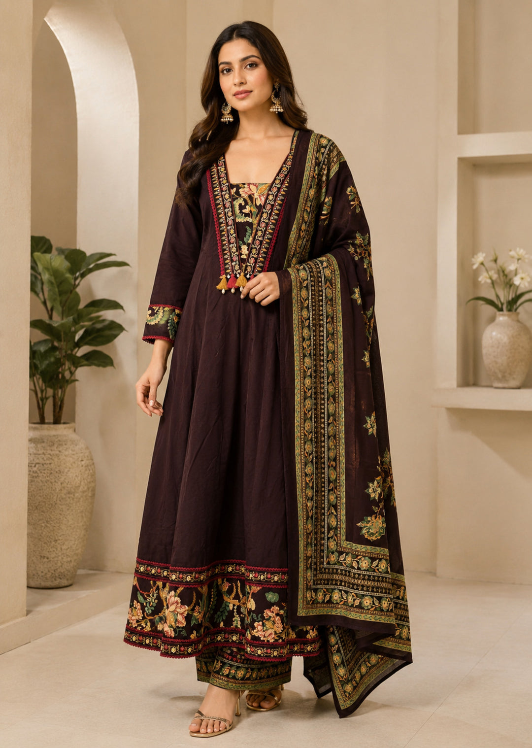 Floral Embroidered A-Line Pure Cotton Kurta & Palazzos Sets