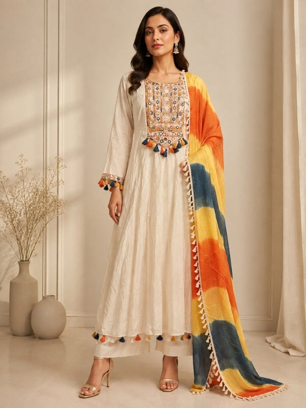 Solid Embroidered A-Line Pure Cotton Kurta & Palazzos Sets