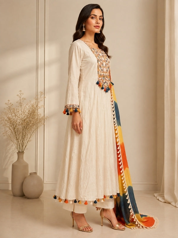 Solid Embroidered A-Line Pure Cotton Kurta & Palazzos Sets