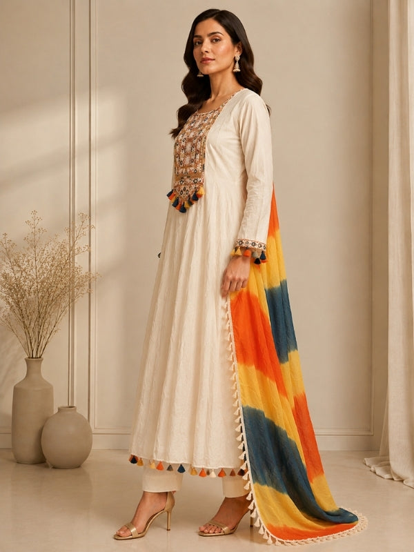 Solid Embroidered A-Line Pure Cotton Kurta & Palazzos Sets