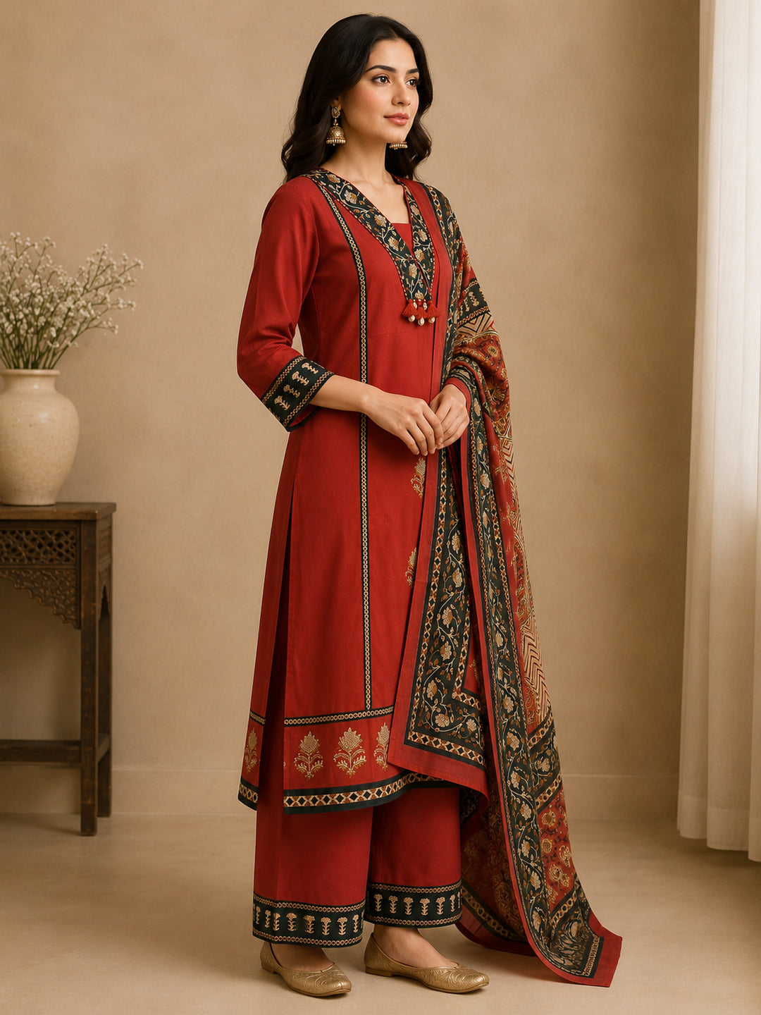 Floral Embroidered A-Line Pure Cotton Kurta & Palazzos Sets
