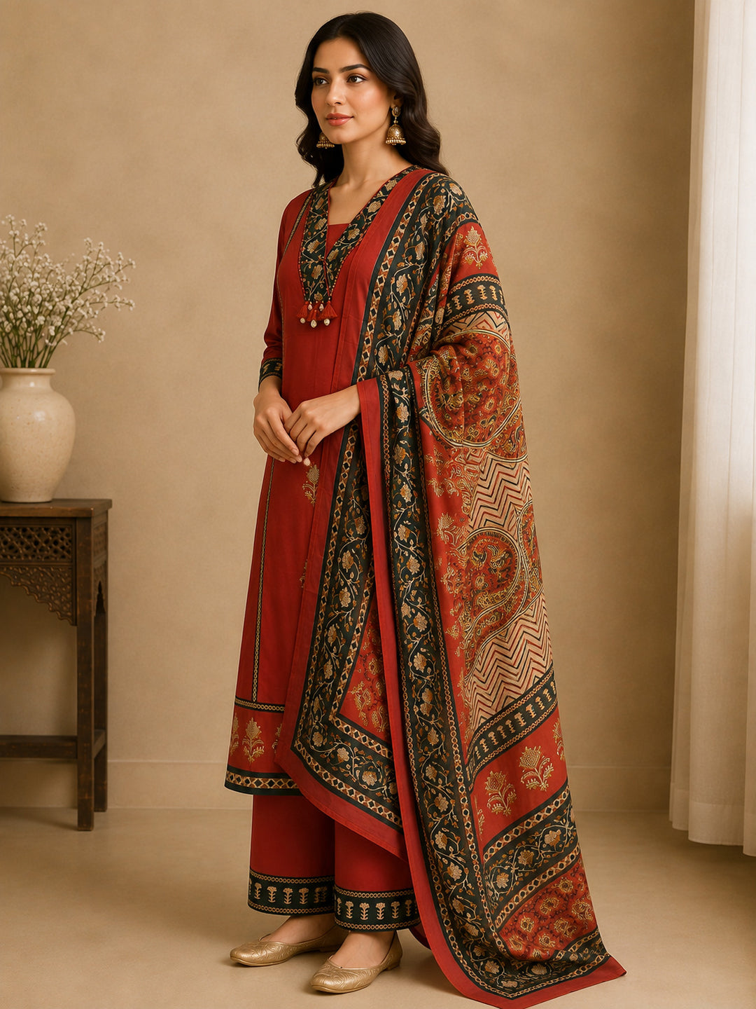 Floral Embroidered A-Line Pure Cotton Kurta & Palazzos Sets