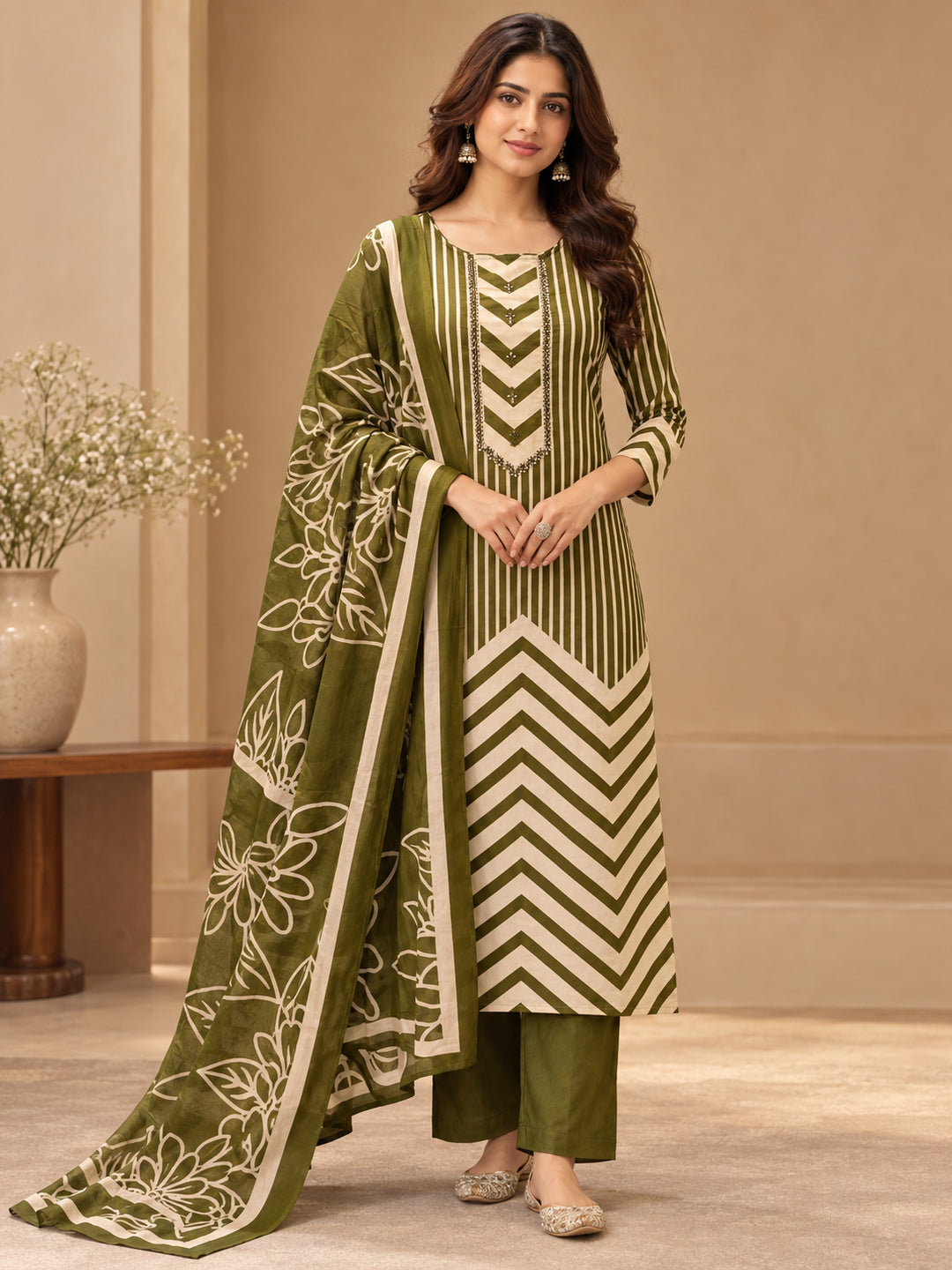Floral Embroidered Straight Cotton Kurta & Trousers Sets