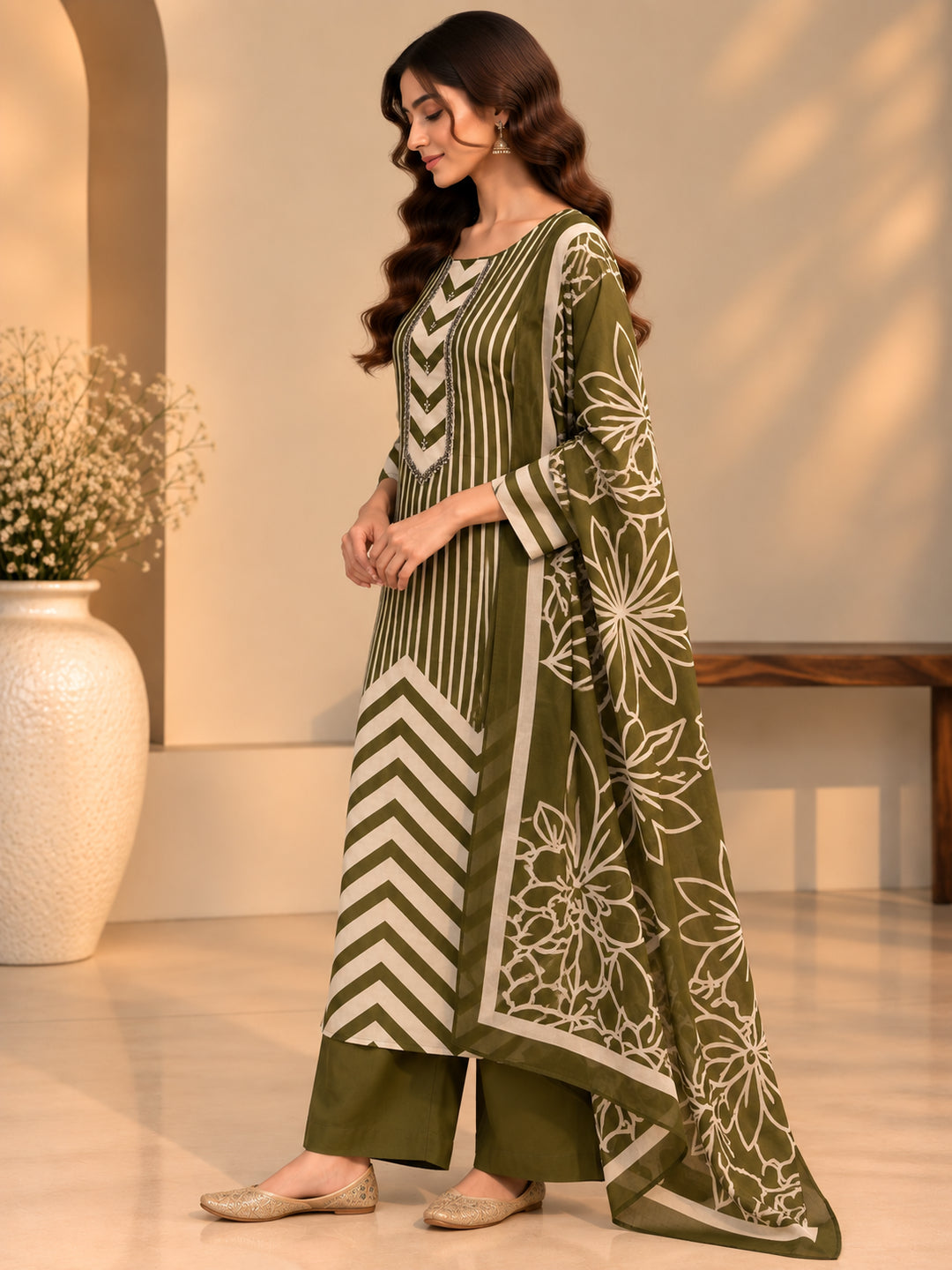 Floral Embroidered Straight Cotton Kurta & Trousers Sets