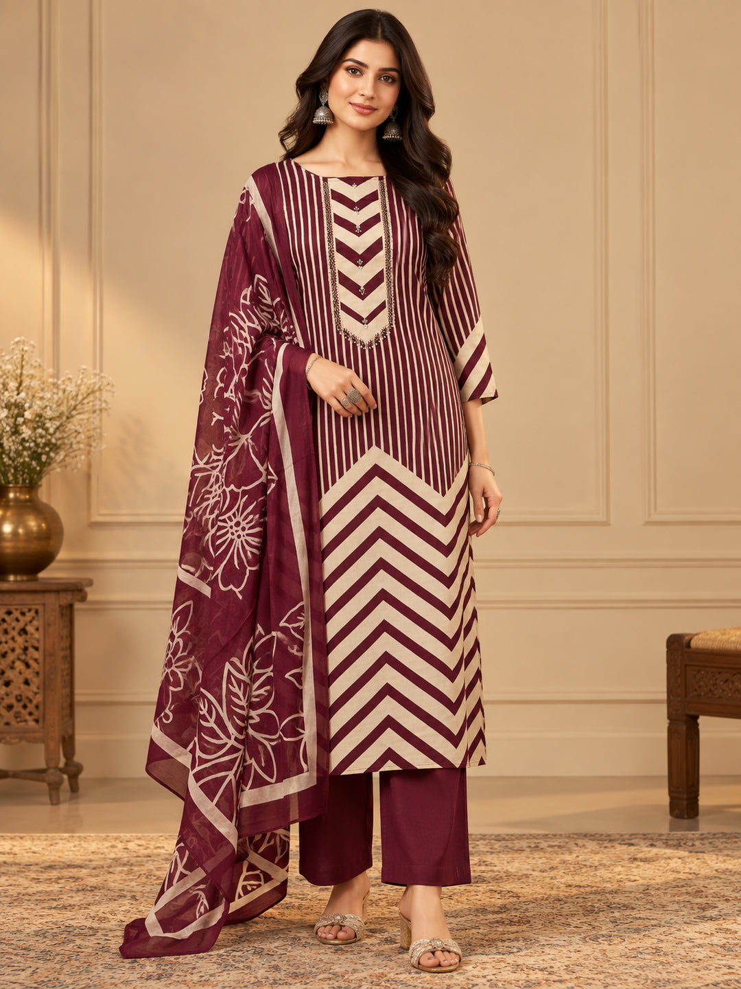 Floral Embroidered Straight Cotton Kurta & Trousers Sets