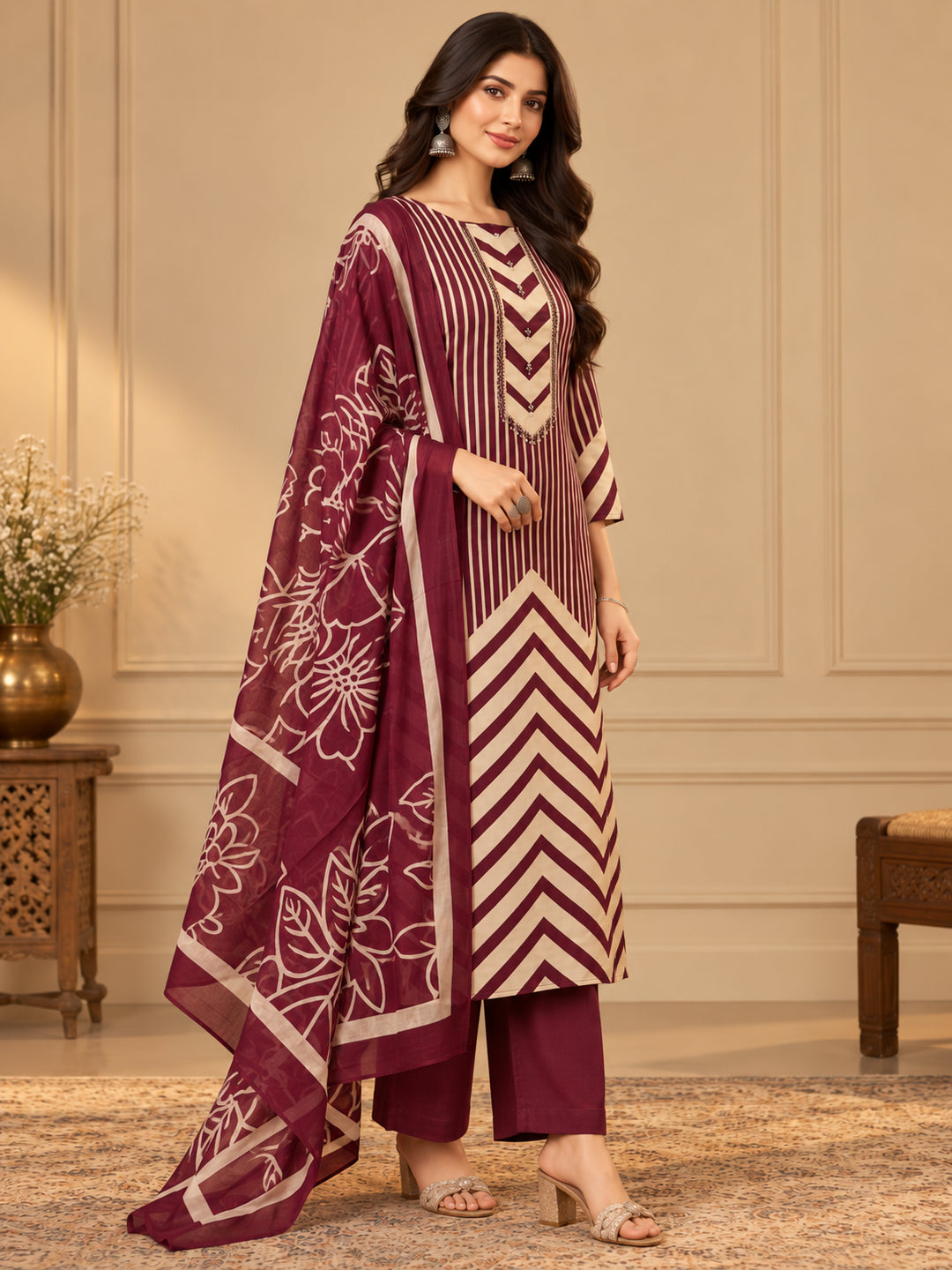 Floral Embroidered Straight Cotton Kurta & Trousers Sets